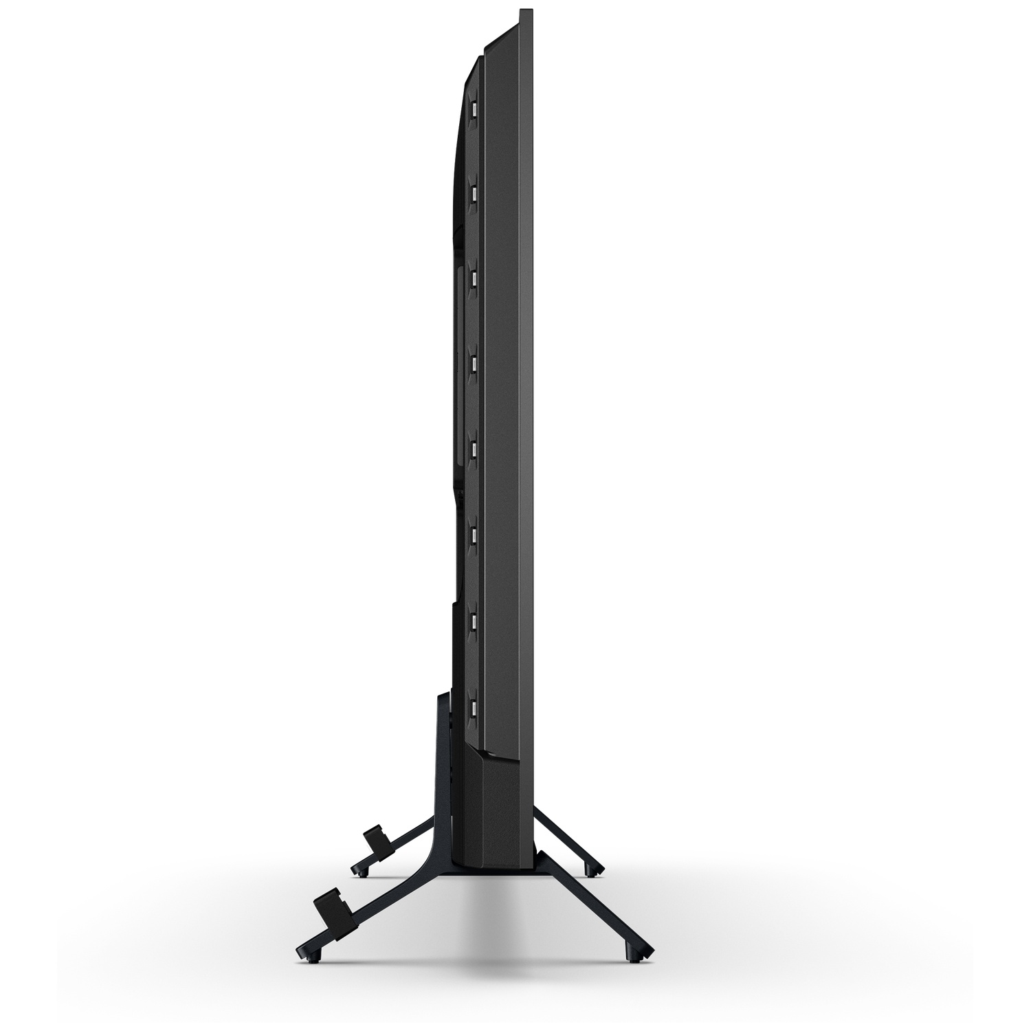 A side view of a black television screen mounted on two angled stands against a white background.