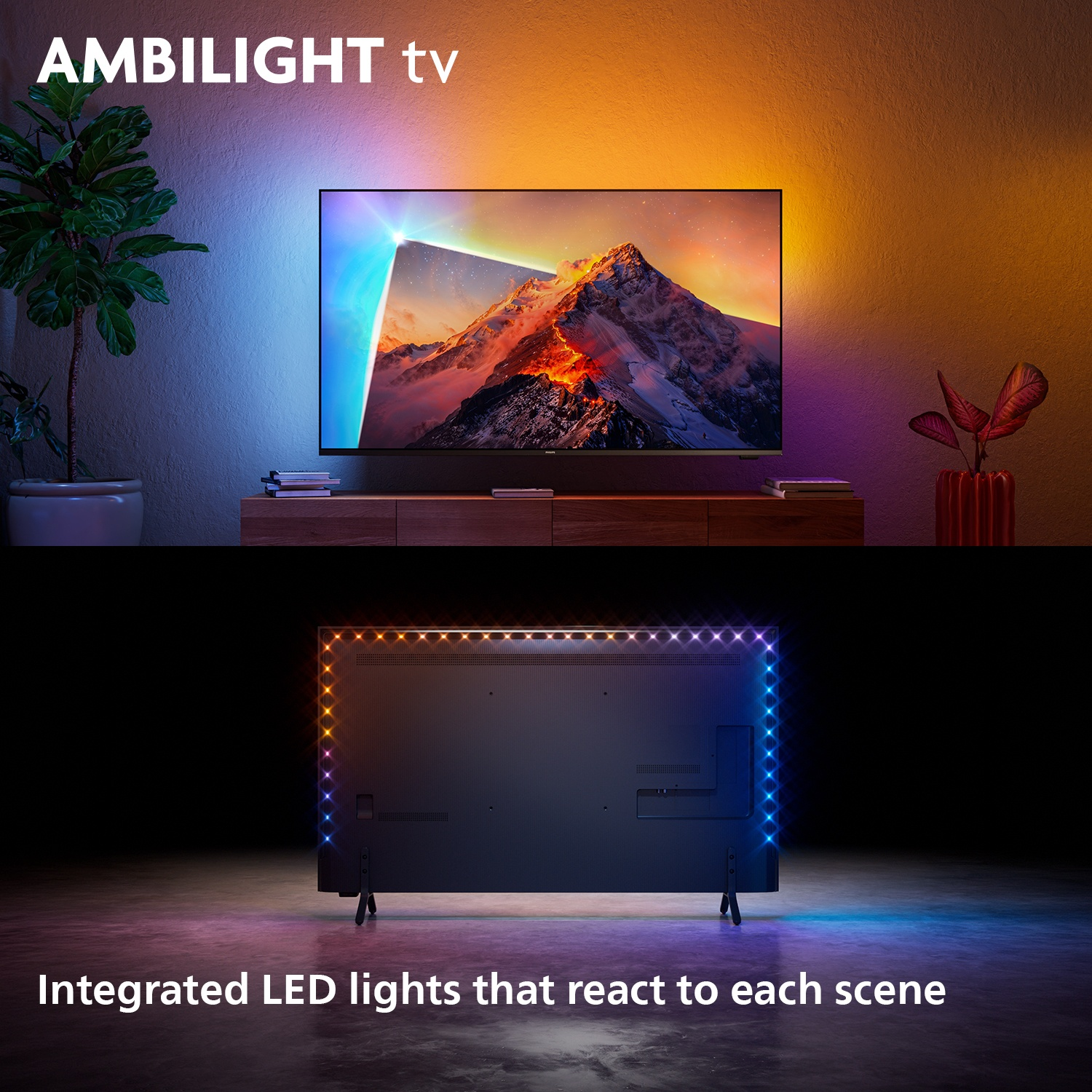 Ambilight TV with integrated LED lights on the back, reacting to each scene on the screen.