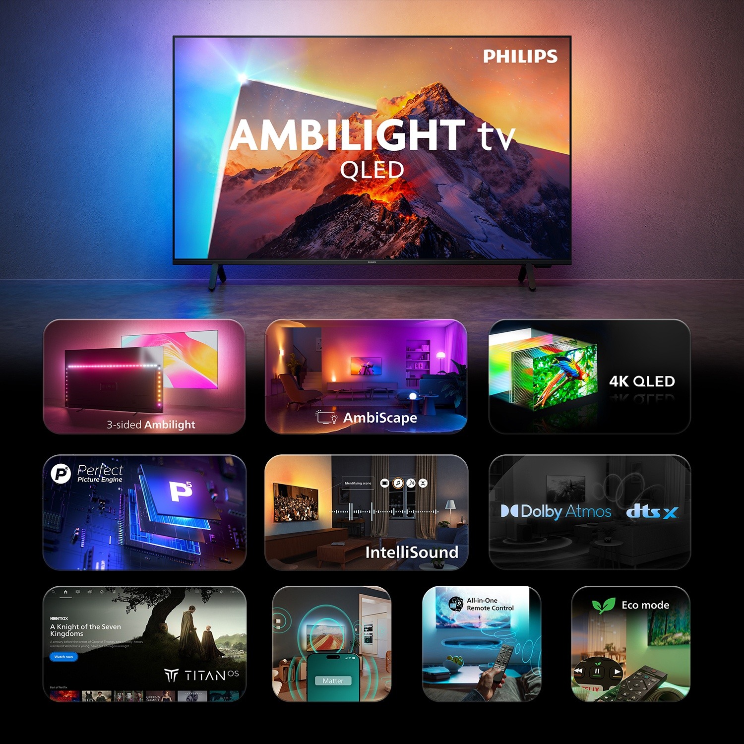 A Philips Ambilight QLED TV with ten feature images below showcasing 3-sided Ambilight, 4K QLED, and Dolby Atmos.