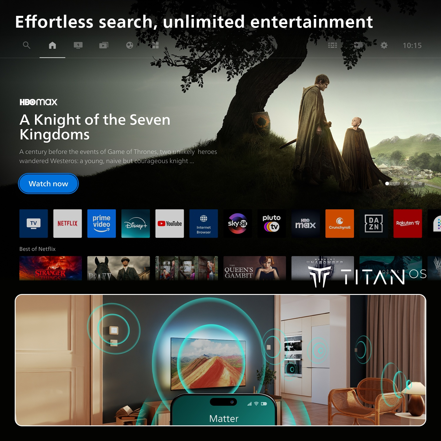 Smart TV menu with HBO Max preview and Matter device connectivity below.