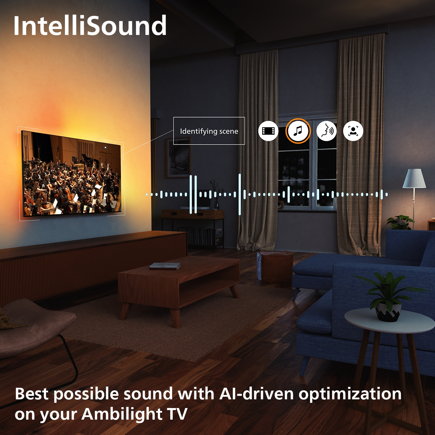 Living room with Ambilight TV showing an orchestra, featuring AI sound identification and audio waves.
