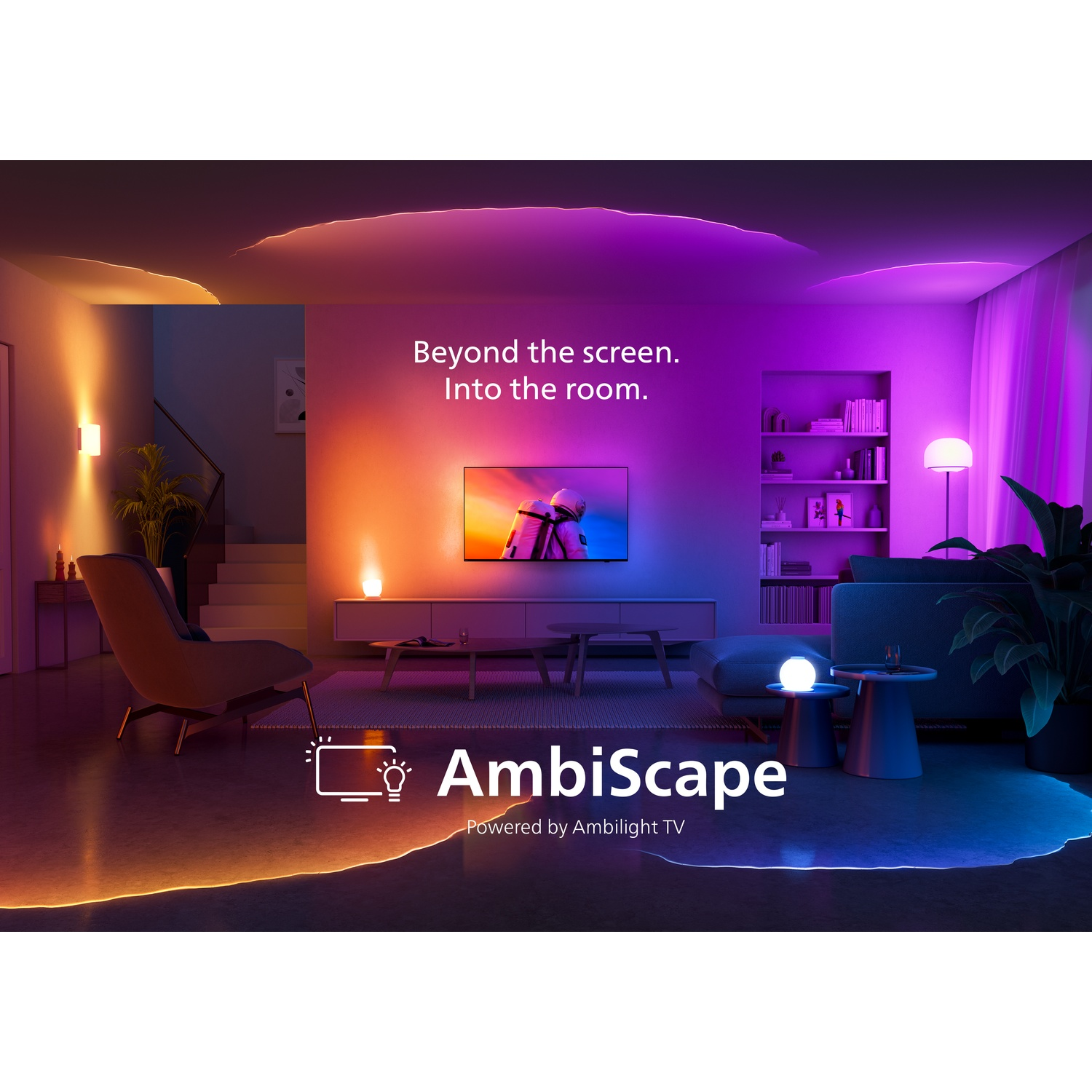 Living room with atmospheric colorful lighting, TV, bookshelves, and modern furniture.