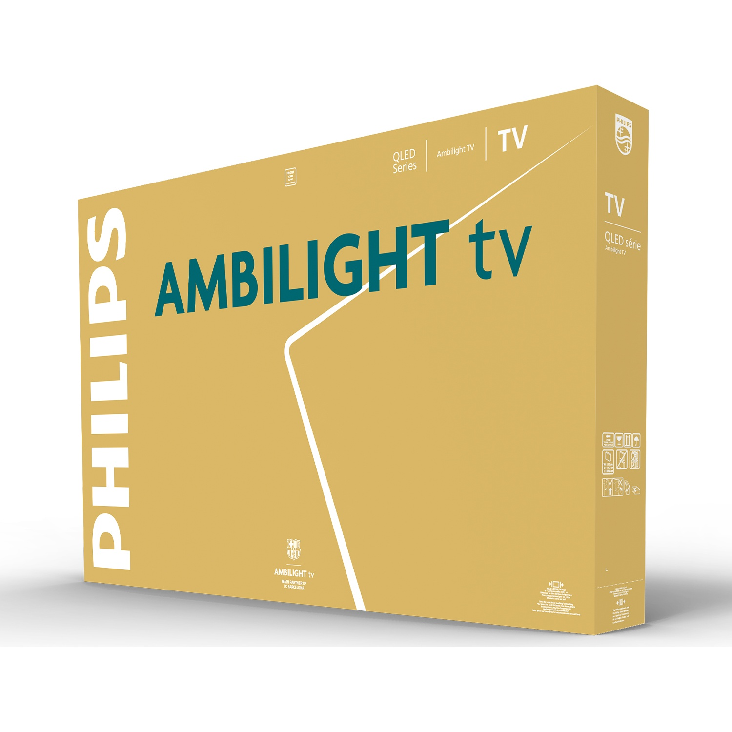 Yellow Philips Ambilight TV cardboard box with white lettering on white floor.
