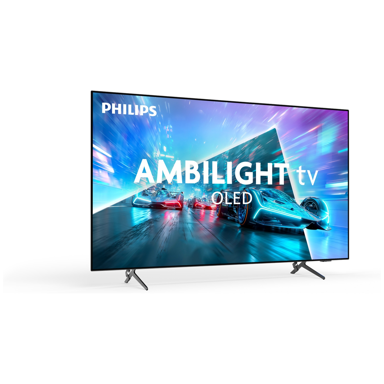 A Philips Ambilight OLED TV displays a colorful racing game with futuristic cars on the screen against a white background.