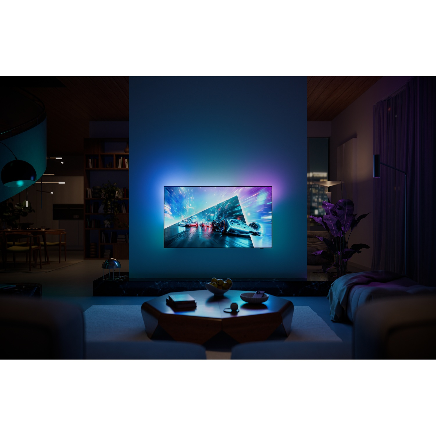Living room at night with an illuminated TV on the wall displaying a racing game.