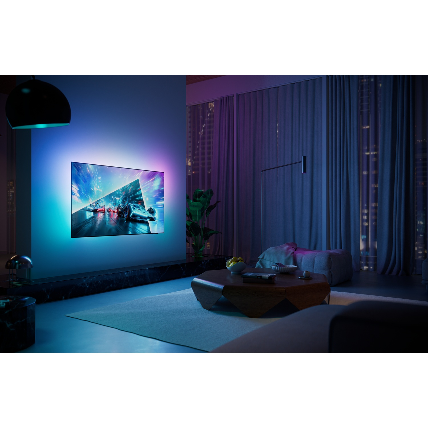 Living room with glowing blue TV showing racing game, wooden table, and curtains.