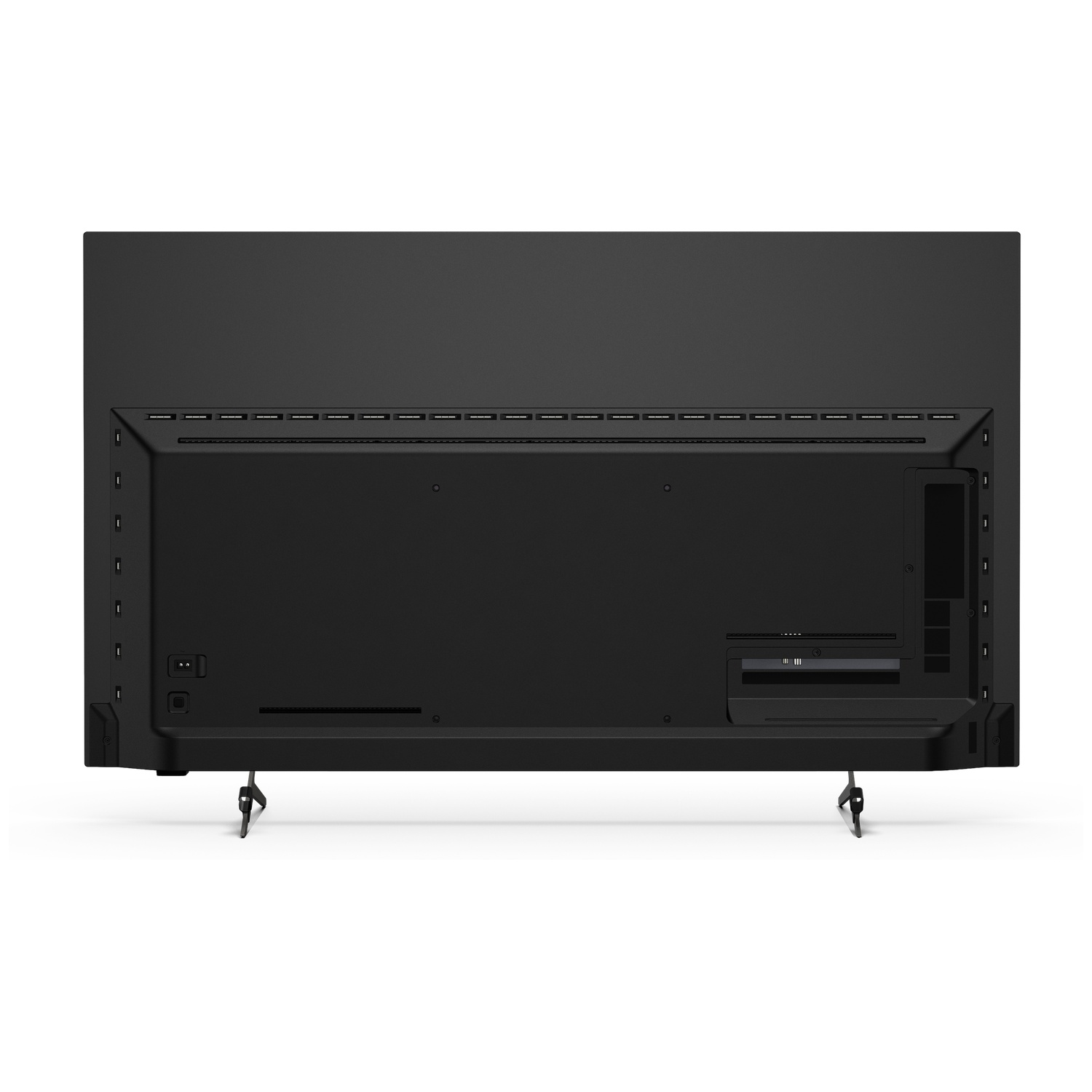 Rear view of a black flat-screen television on a stand against a white background.