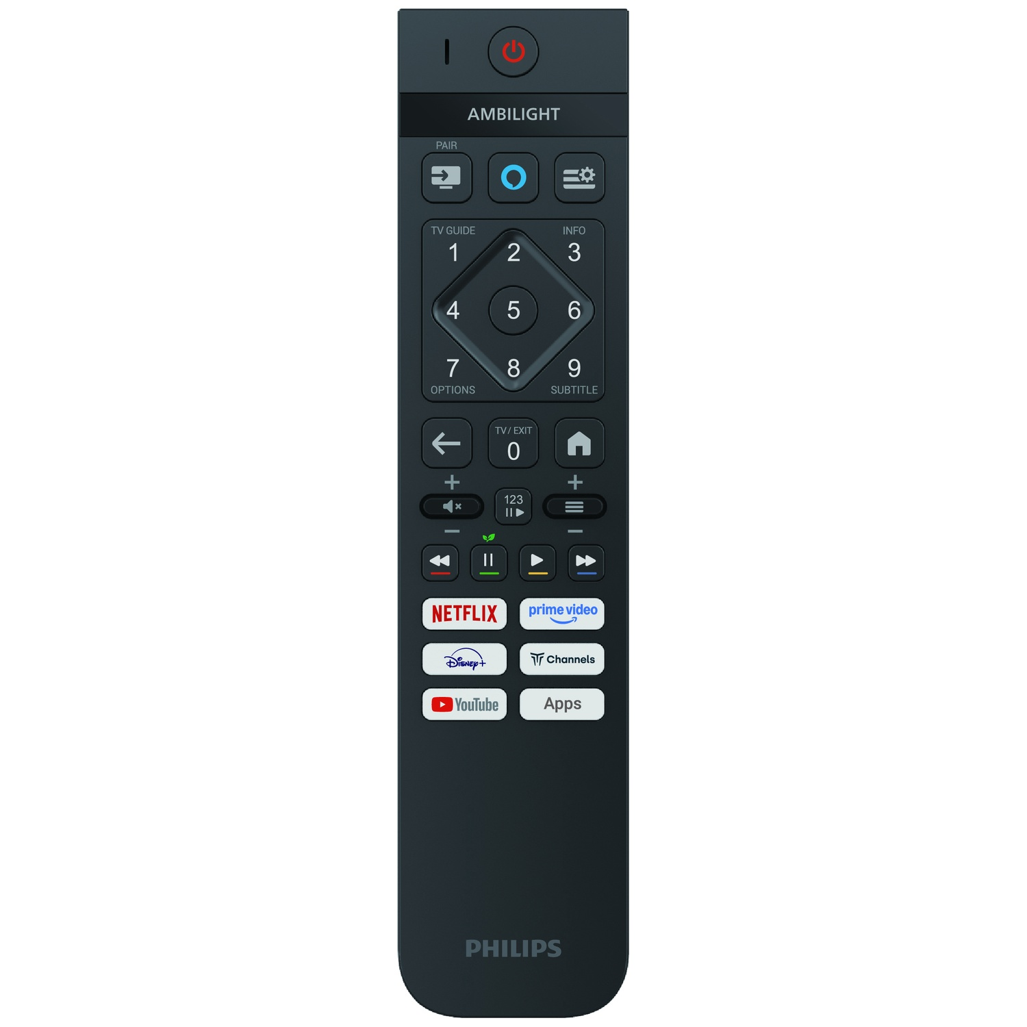 Black Philips TV remote control with streaming app buttons and number pad.
