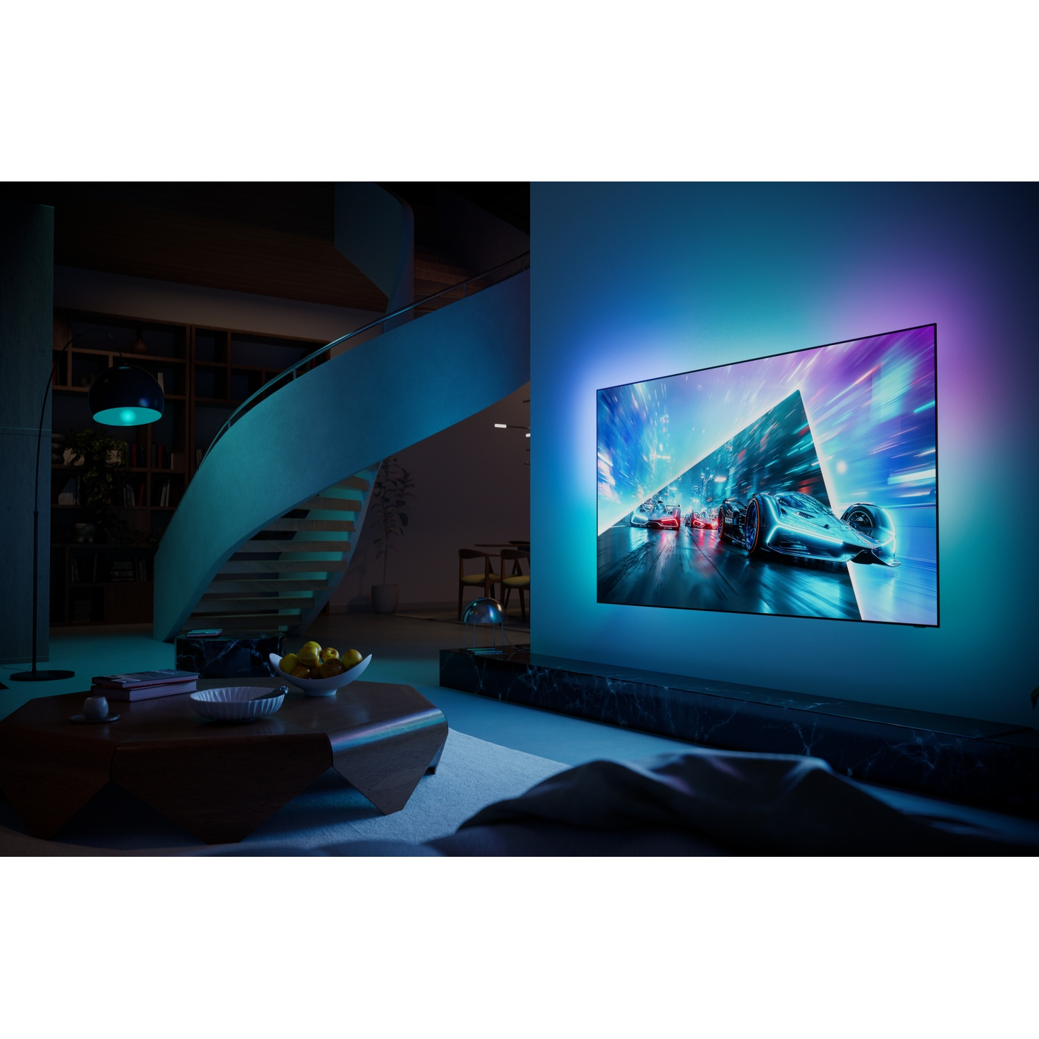 Living room with large TV showing a car race, surrounded by glowing ambient blue light.