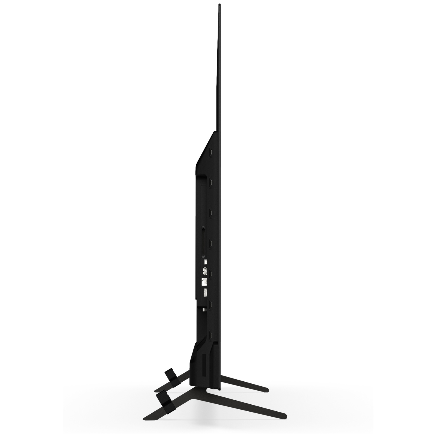 Side view of a slim black television with stands on a white surface.
