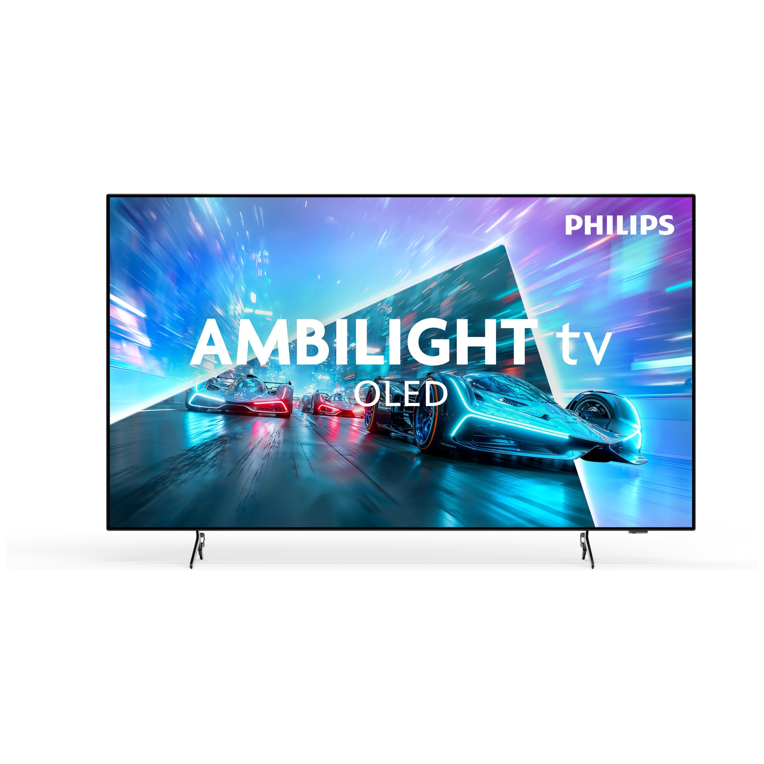 A Philips Ambilight OLED TV showing futuristic race cars on screen, against a clean white background.