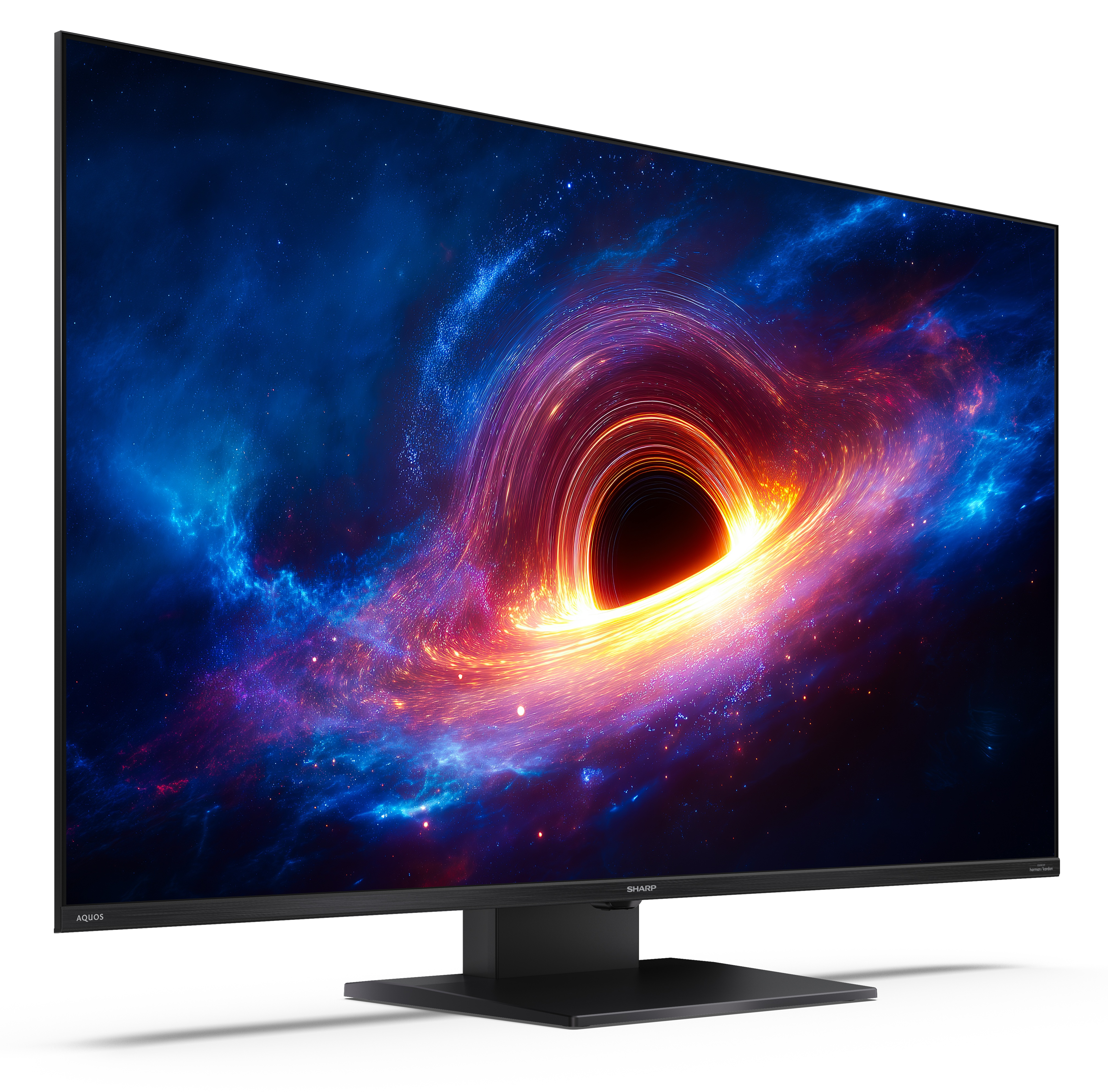 Nowoczesny telewizor Sharp wyświetla kolorowy obraz kosmiczny z czarną dziurą na białym tle.
