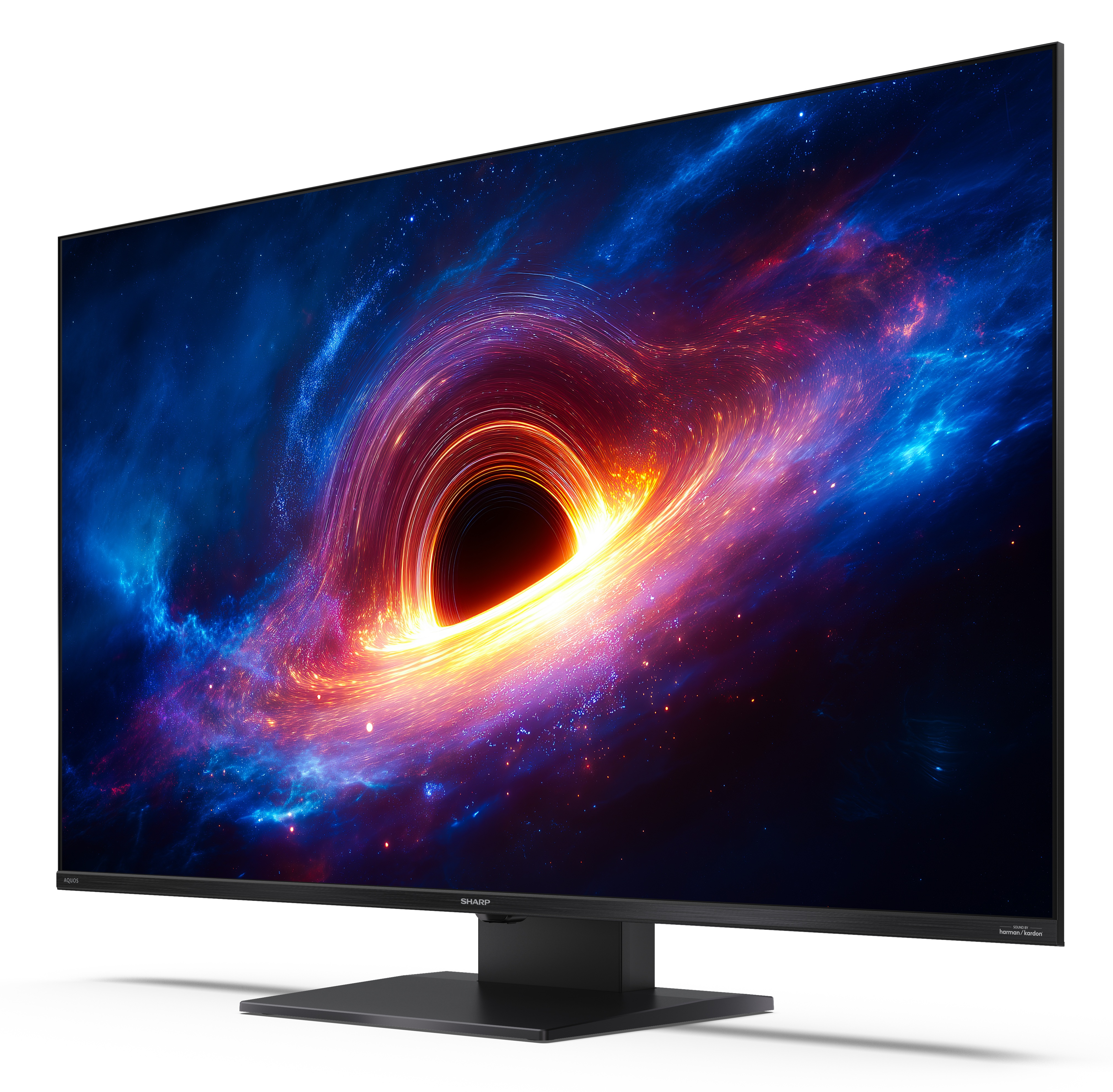 Telewizor Sharp na stojaku wyświetla kolorową mgławicę kosmiczną i czarną dziurę na białym tle.