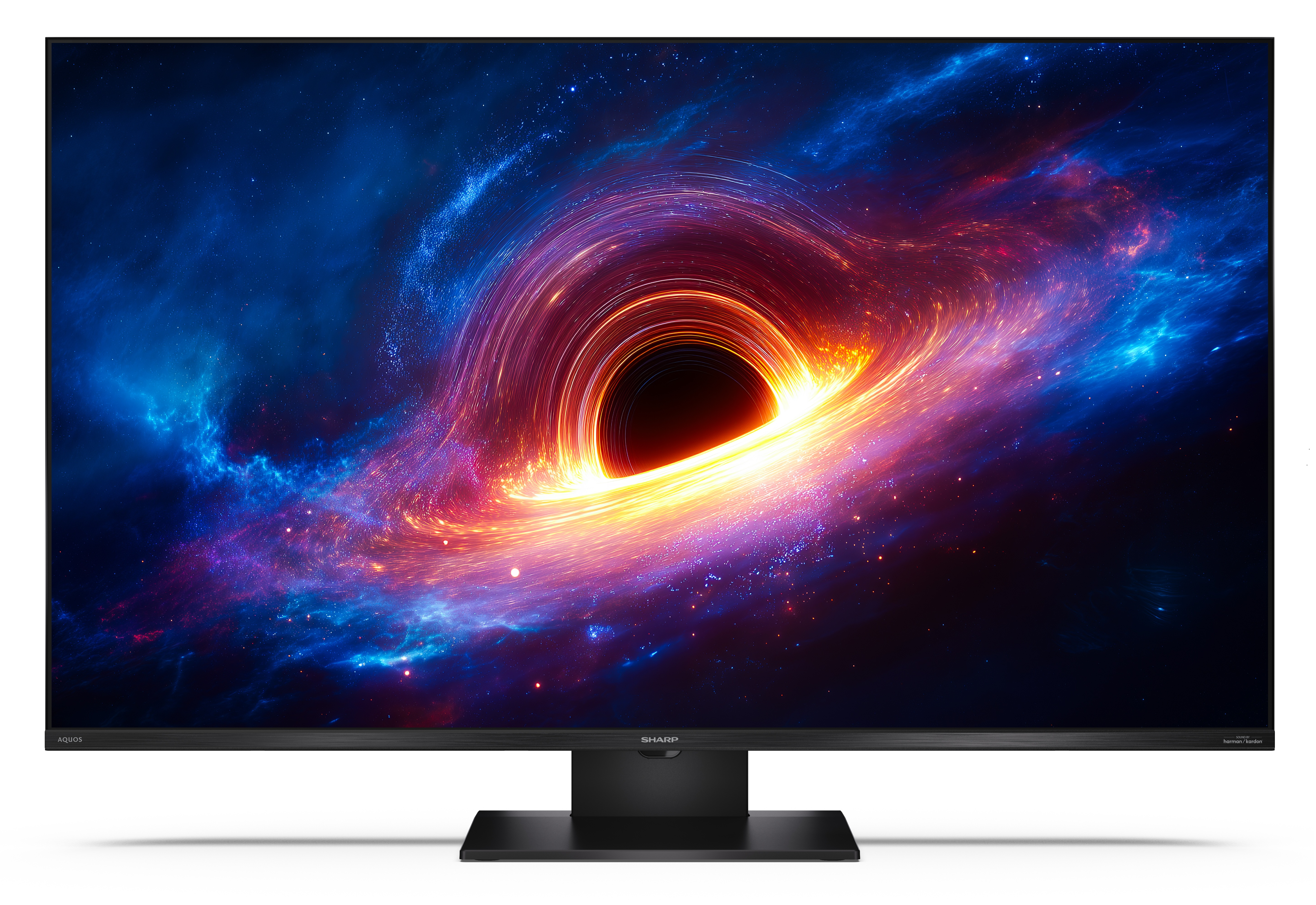Telewizor Sharp na stojaku wyświetla kolorowy obraz czarnej dziury z świecącym niebieskim i pomarańczowym pyłem.