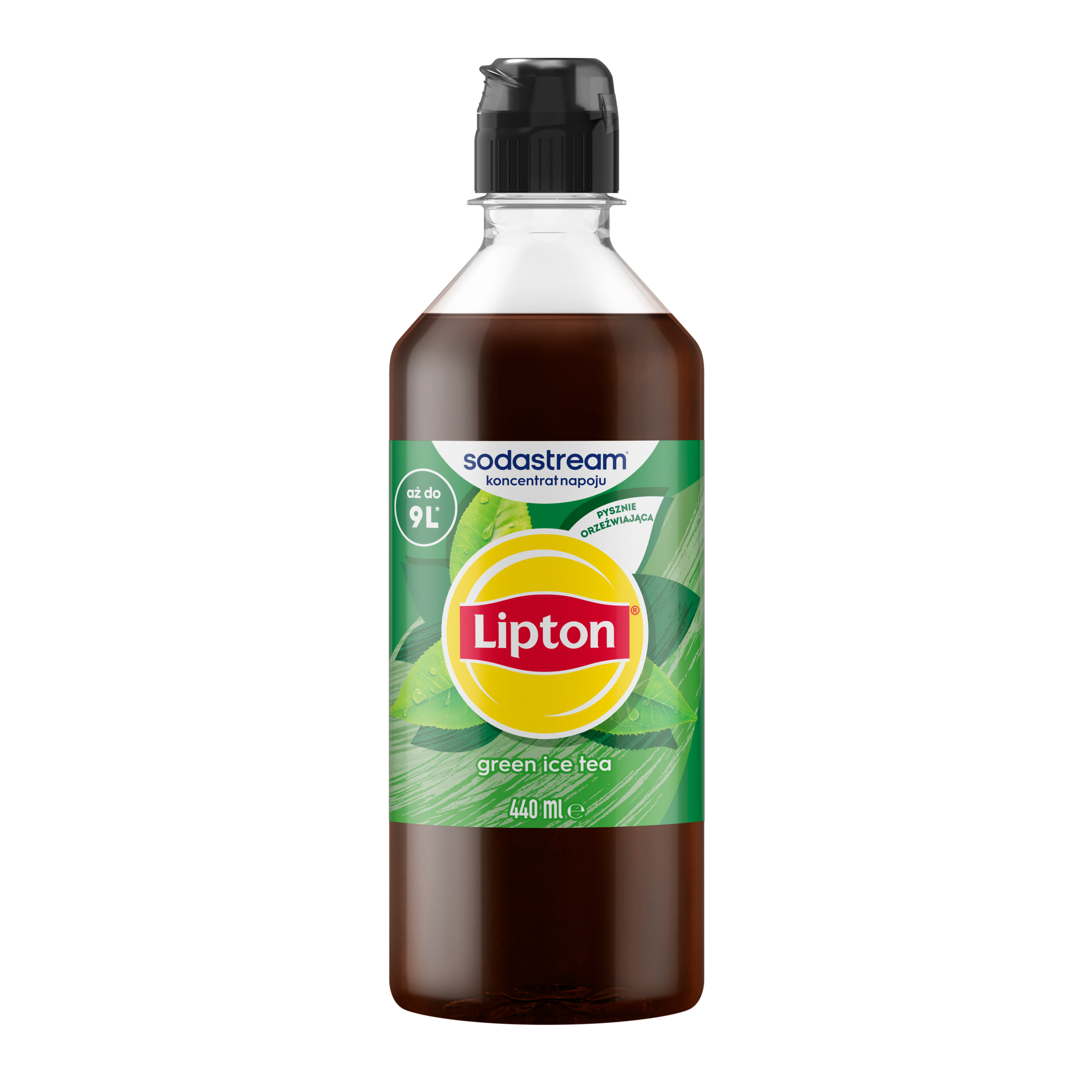 Plastikowa butelka koncentratu Lipton Green Ice Tea, 440 ml, z czarną nakrętką na białym tle.