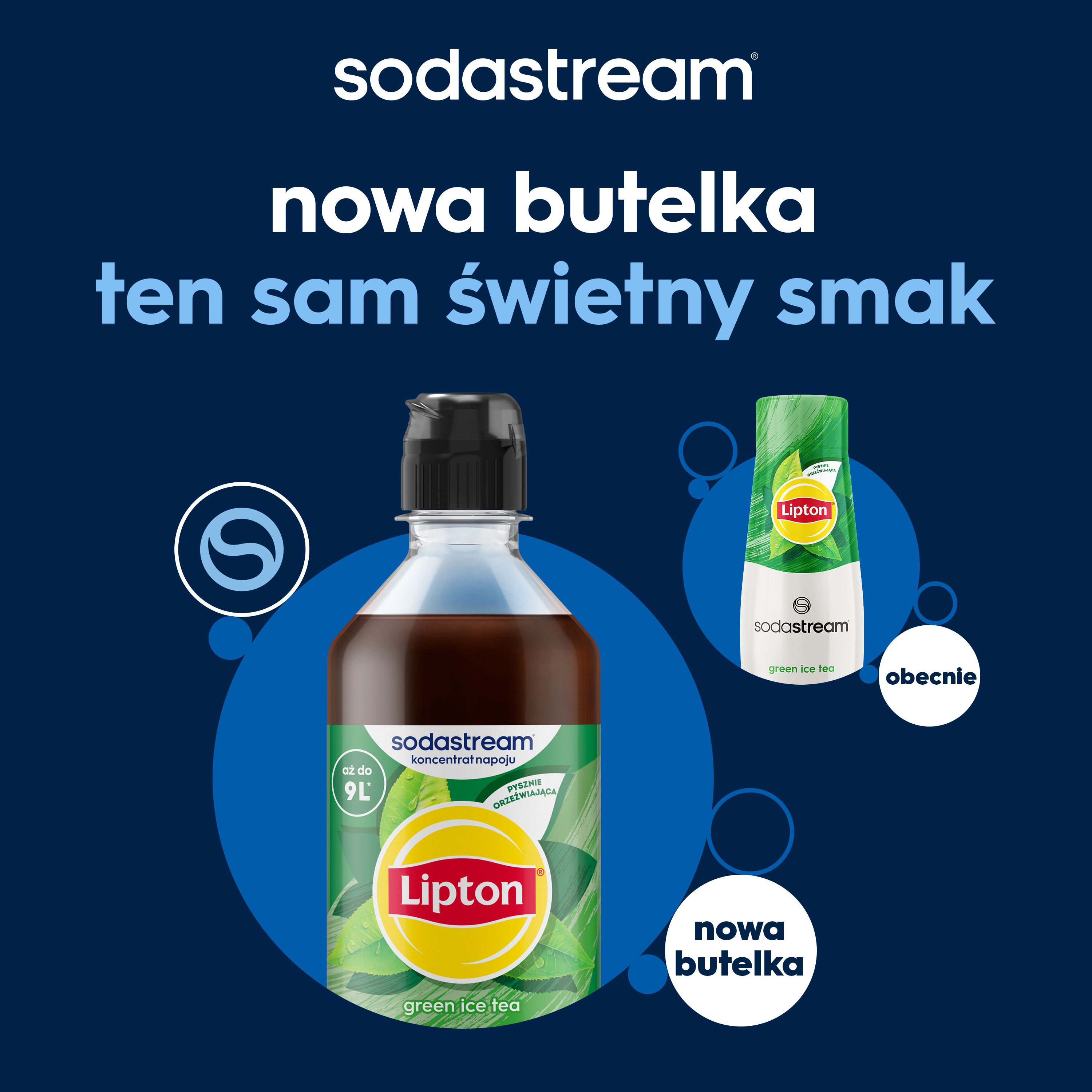 Syrop Sodastream Lipton Green Ice Tea na niebieskim tle z nową butelką.