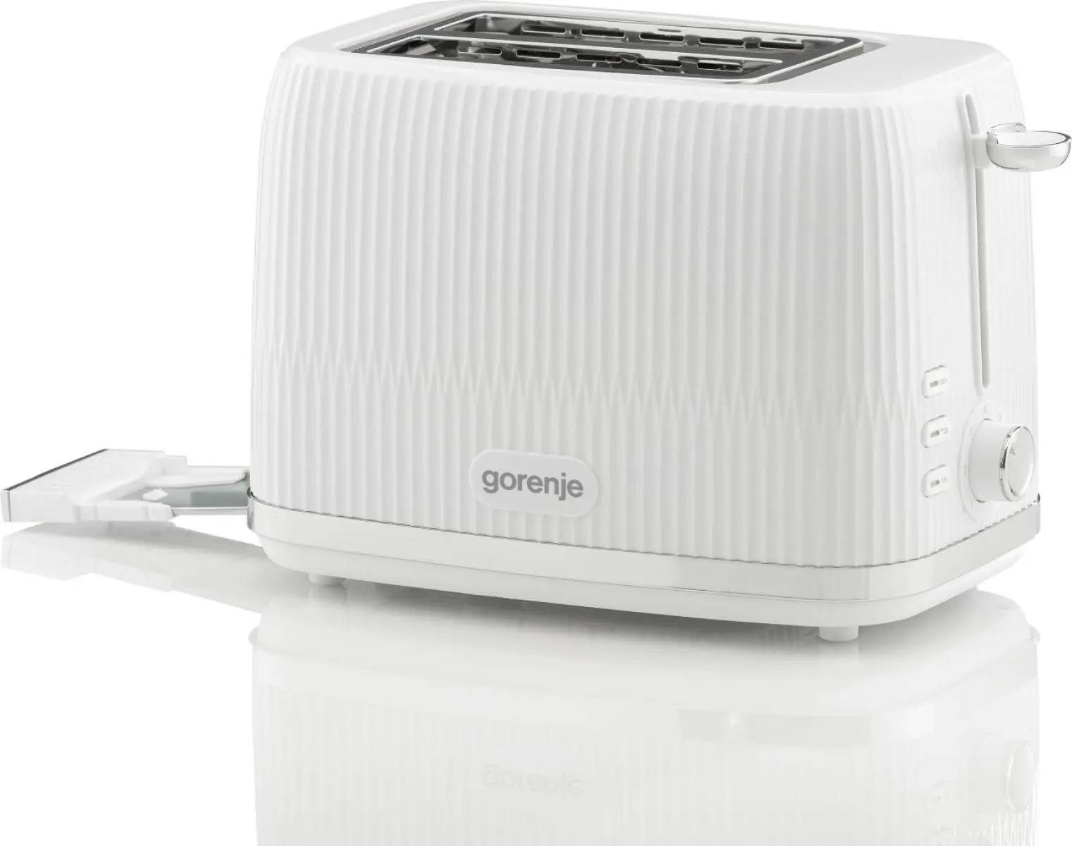 Fehér Gorenje kenyérpirító függőleges barázdákkal, oldalsó gombokkal és kihúzható morzsástálcával.