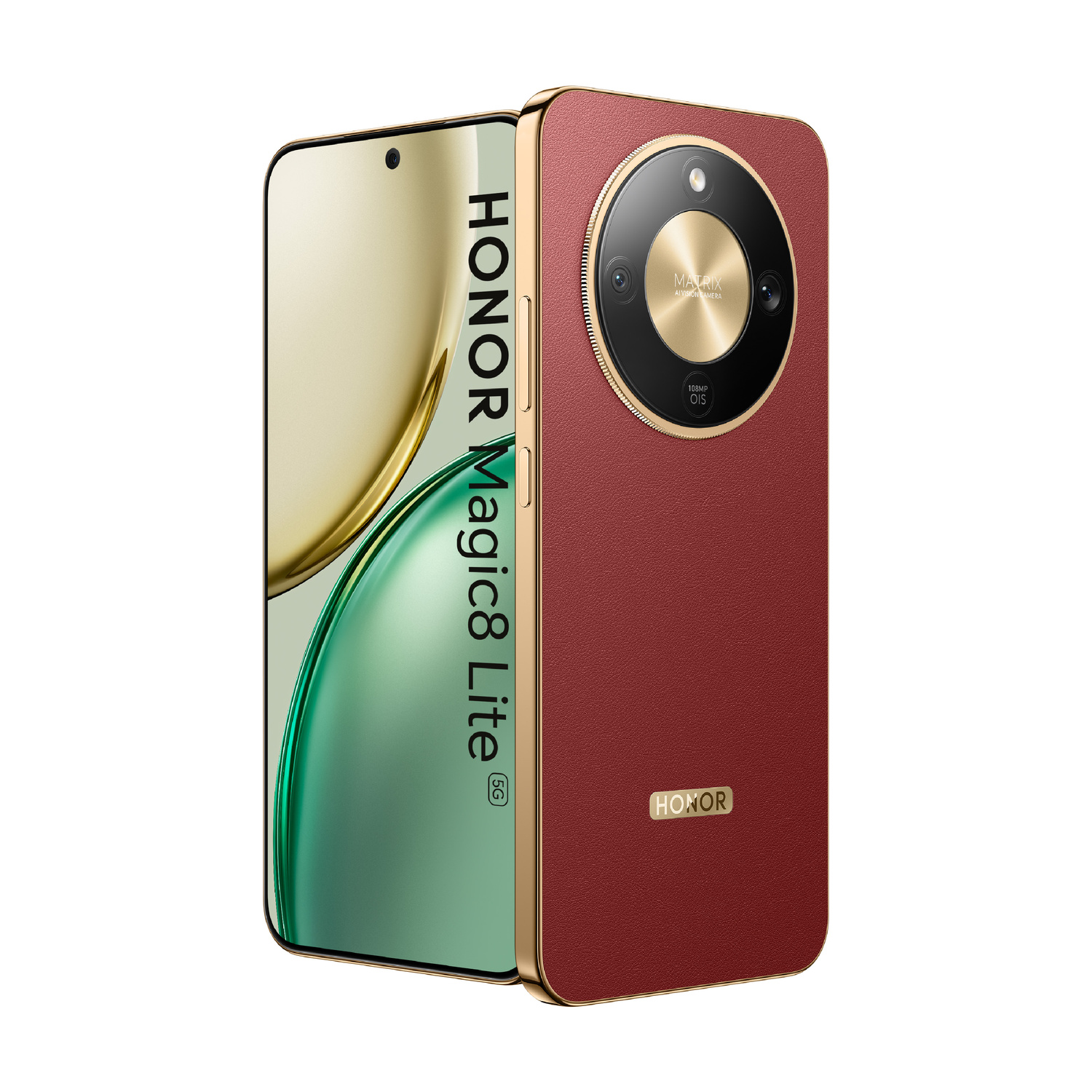 Smartphone Honor Magic6 Lite 5G con schermo curvo verde e oro e retro rosso strutturato con fotocamera.