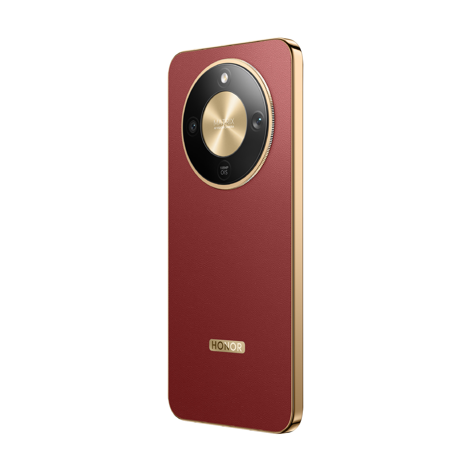 Retro di uno smartphone rosso con bordo dorato e grande modulo fotocamera rotondo.