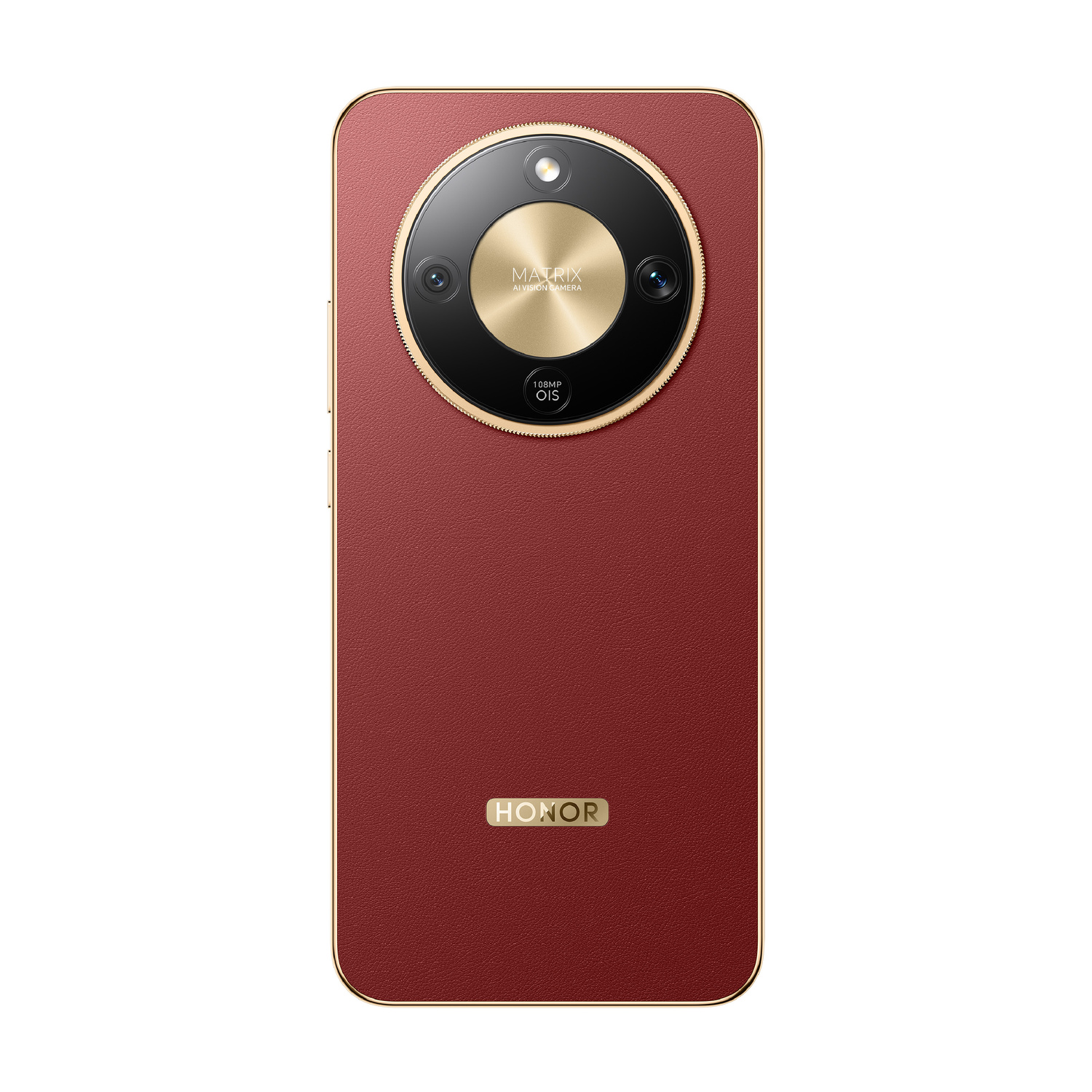 Retro di uno smartphone rosso con bordo dorato e grande modulo fotocamera rotondo.