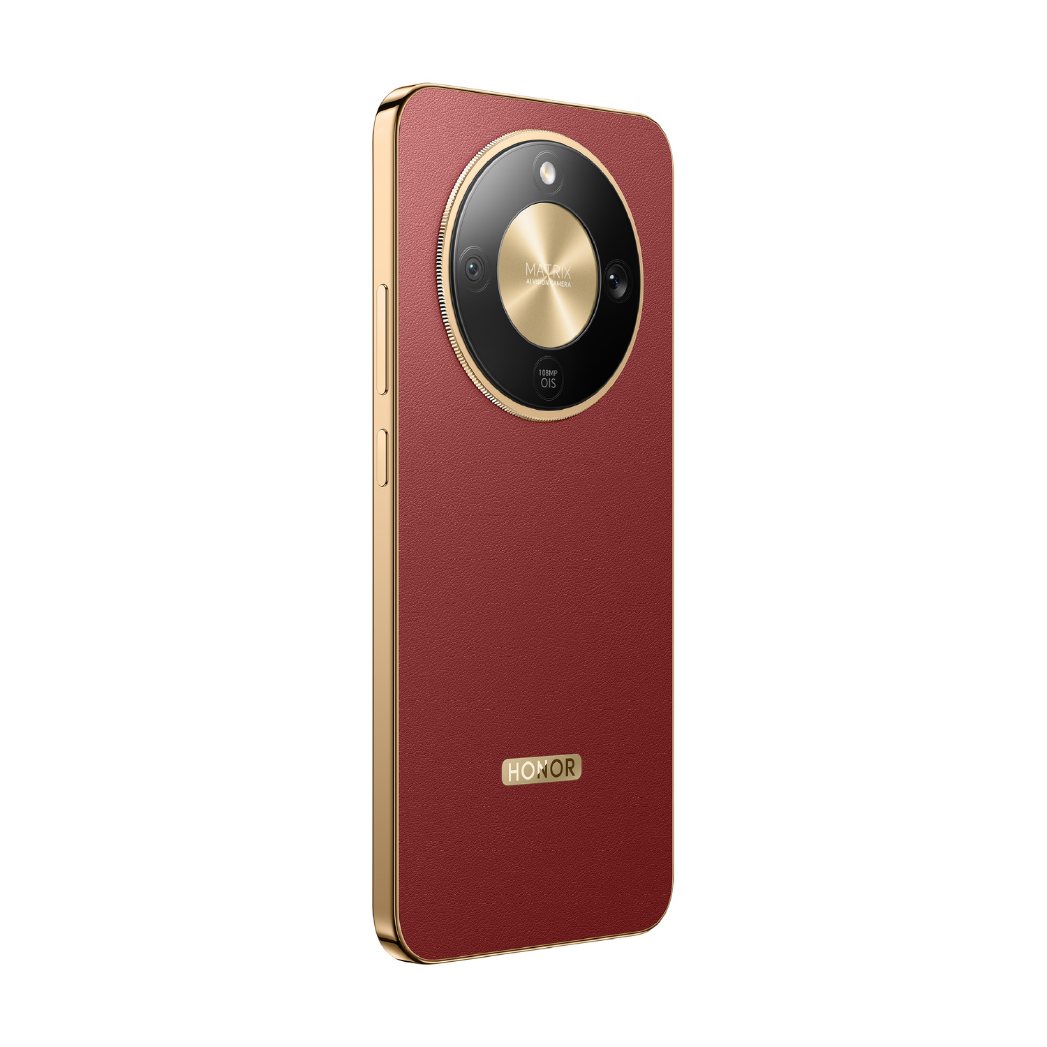 Retro dello smartphone rosso con bordo dorato, grande modulo fotocamera circolare e logo Honor.