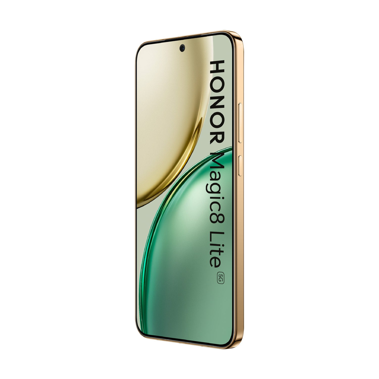 Smartphone Honor Magic6 Lite 5G con cornice dorata e display verde e oro su sfondo bianco.