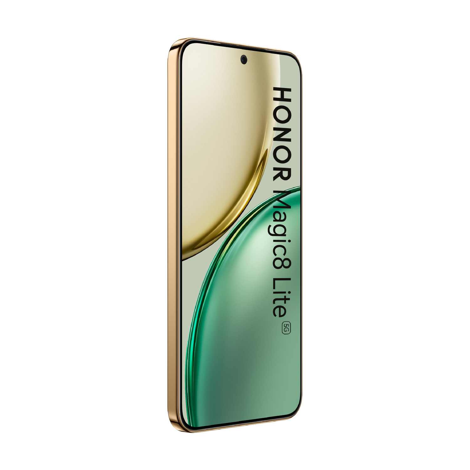 Uno smartphone Honor Magic6 Lite 5G dorato su sfondo bianco, lo schermo mostra grafiche astratte a onde verdi.