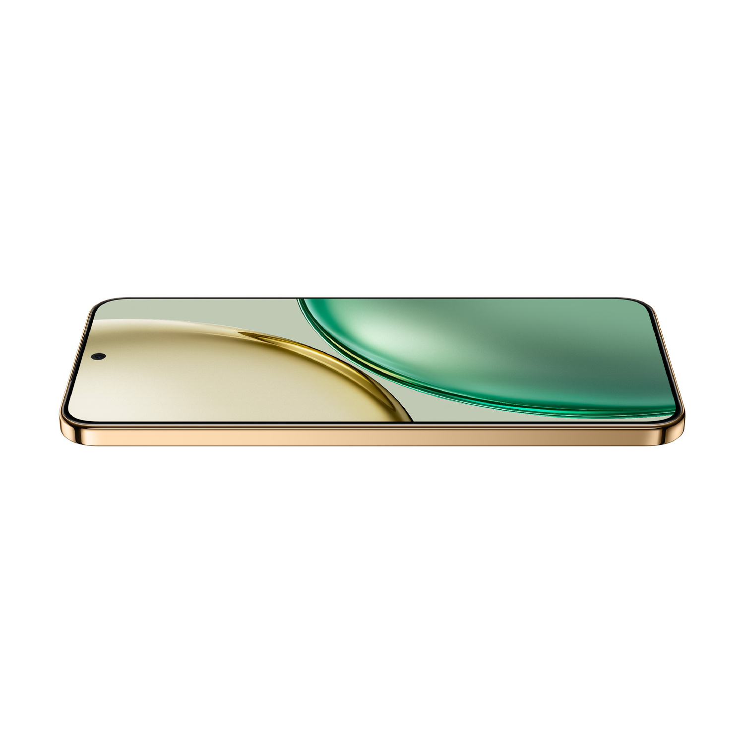 Uno smartphone dorato giace piatto su uno sfondo bianco, mostrando uno schermo verde e oro.