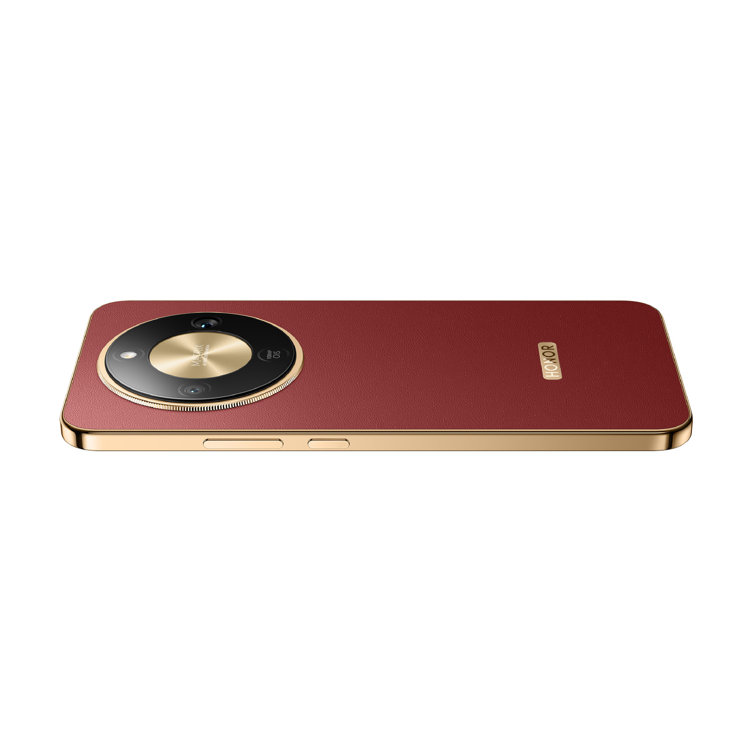 Retro di uno smartphone rosso con cornice dorata e grande modulo fotocamera circolare.
