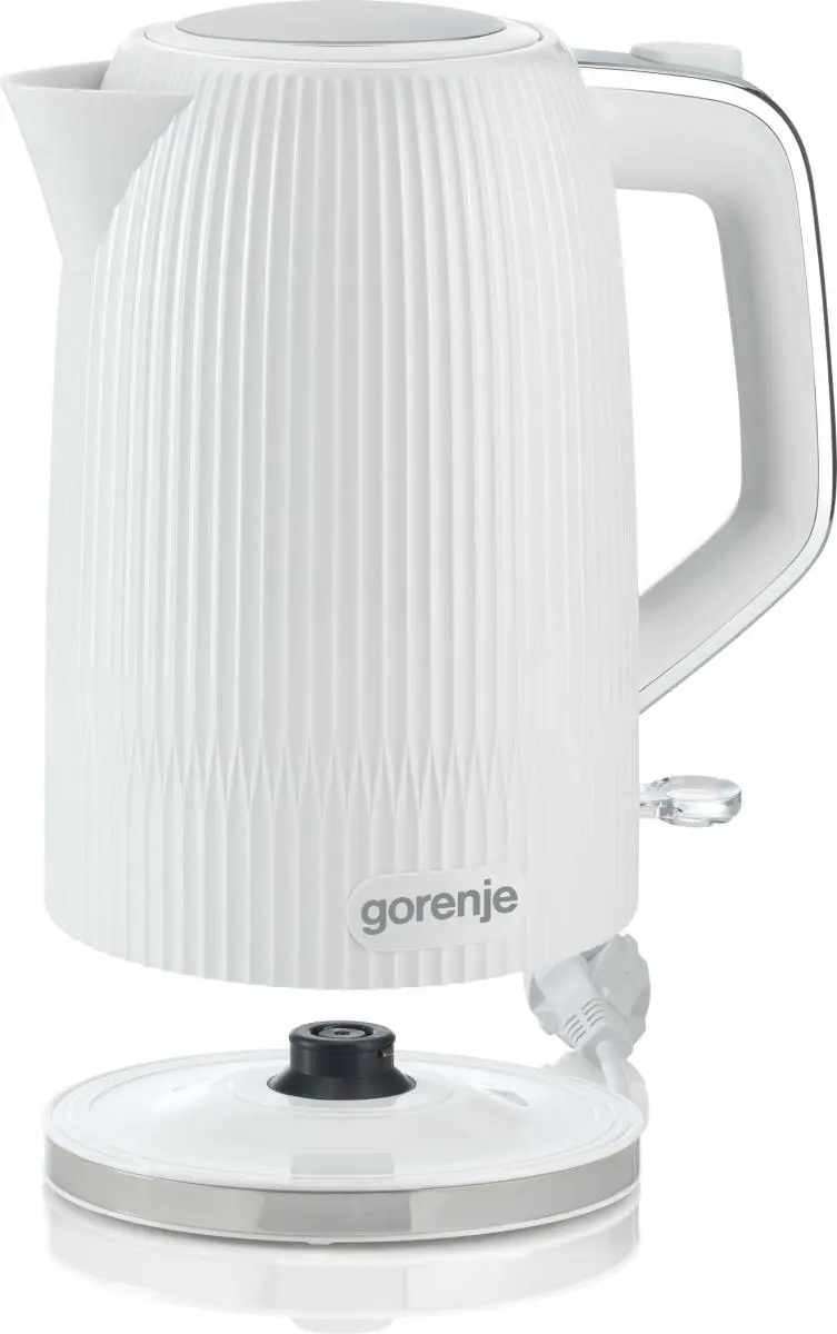 Egy fehér bordázott Gorenje vízforraló lebeg a kerek talapzata felett.