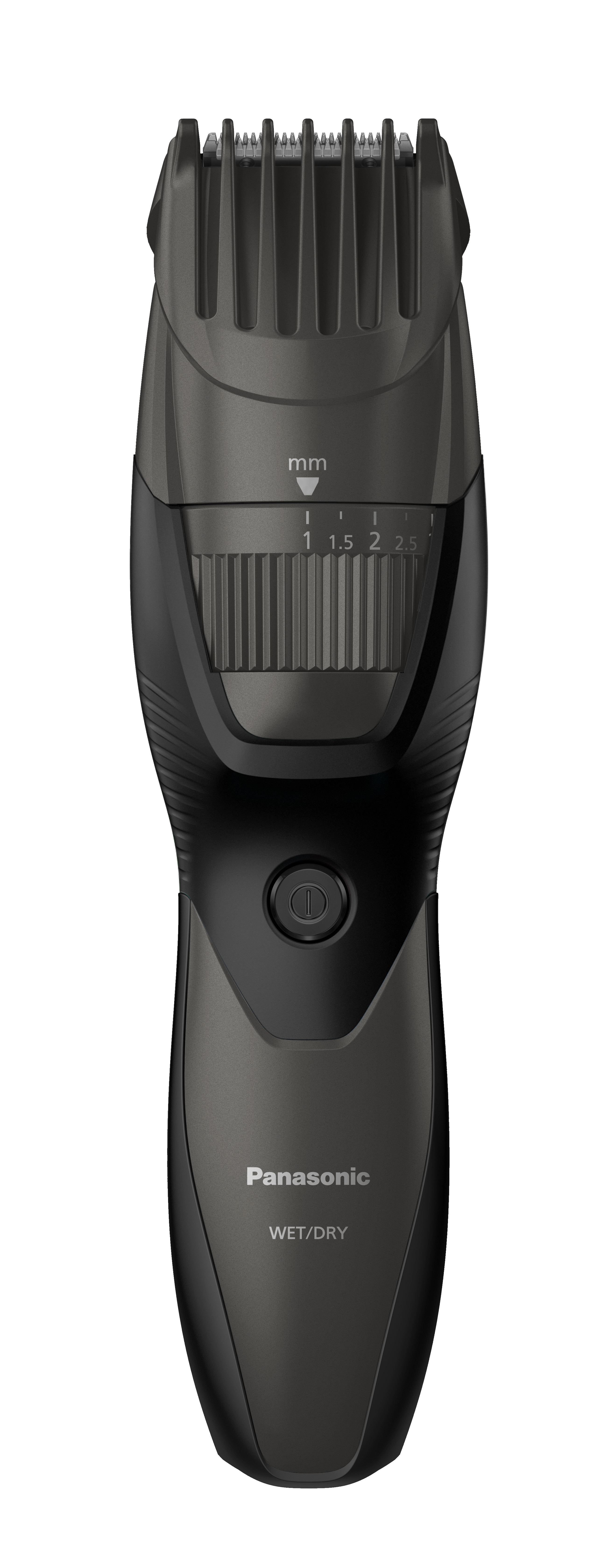 Ein schwarzer Panasonic Nass- und Trockenrasierer mit verstellbarem Kammaufsatz auf weißem Hintergrund.