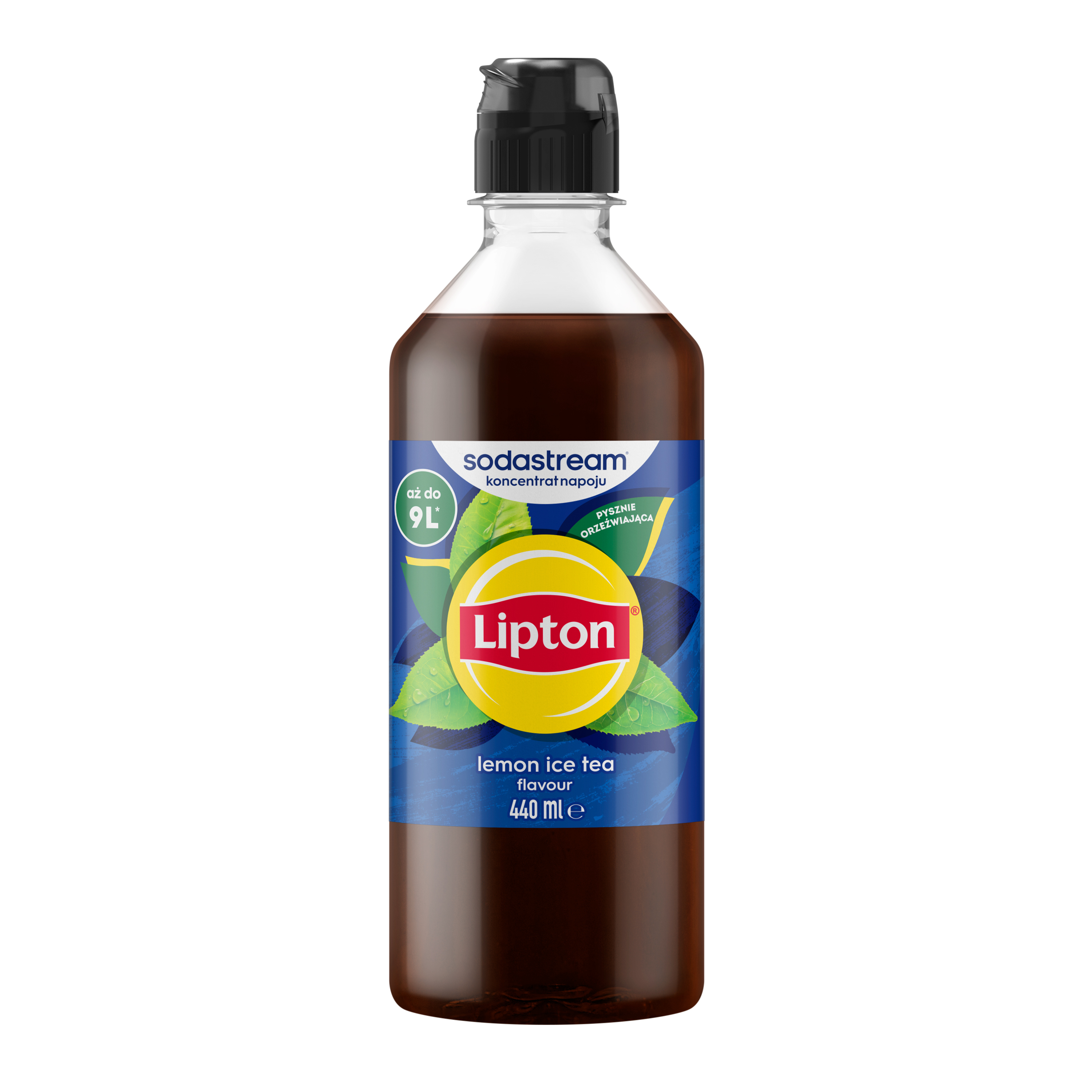 Butelka syropu o smaku cytrynowej mrożonej herbaty Lipton 440 ml z czarną zakrętką i niebieską etykietą.