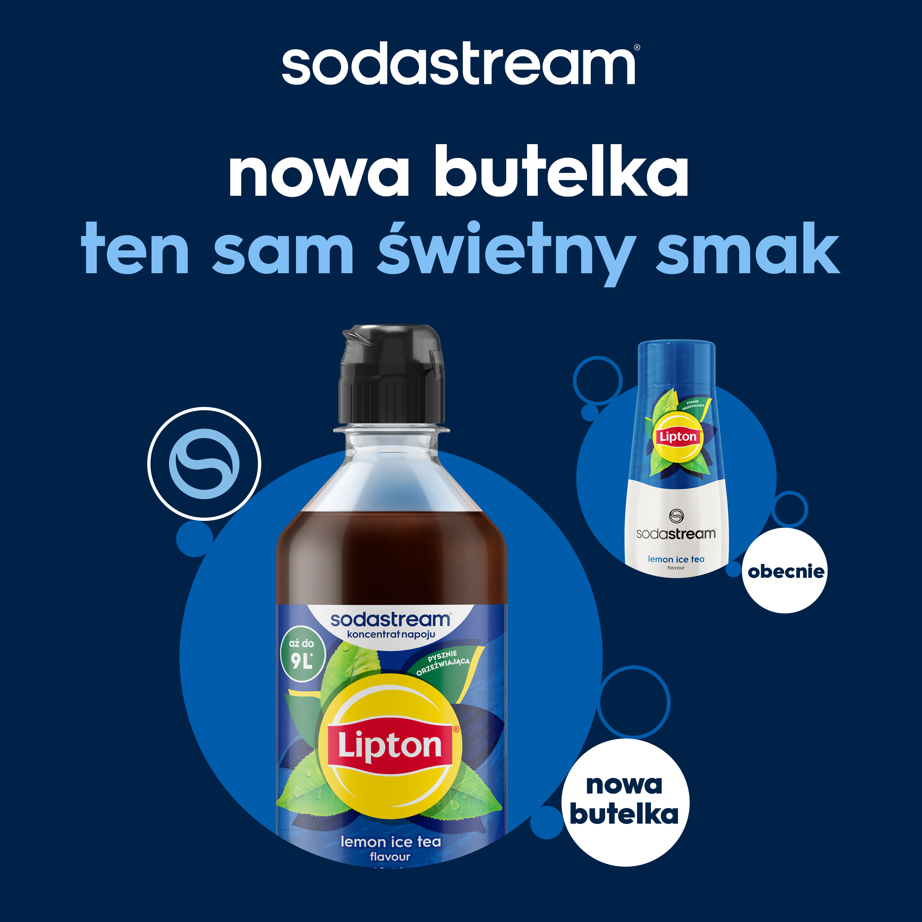 Reklama syropu Sodastream Lipton o smaku cytrynowej mrożonej herbaty prezentująca nowy i stary design butelki.