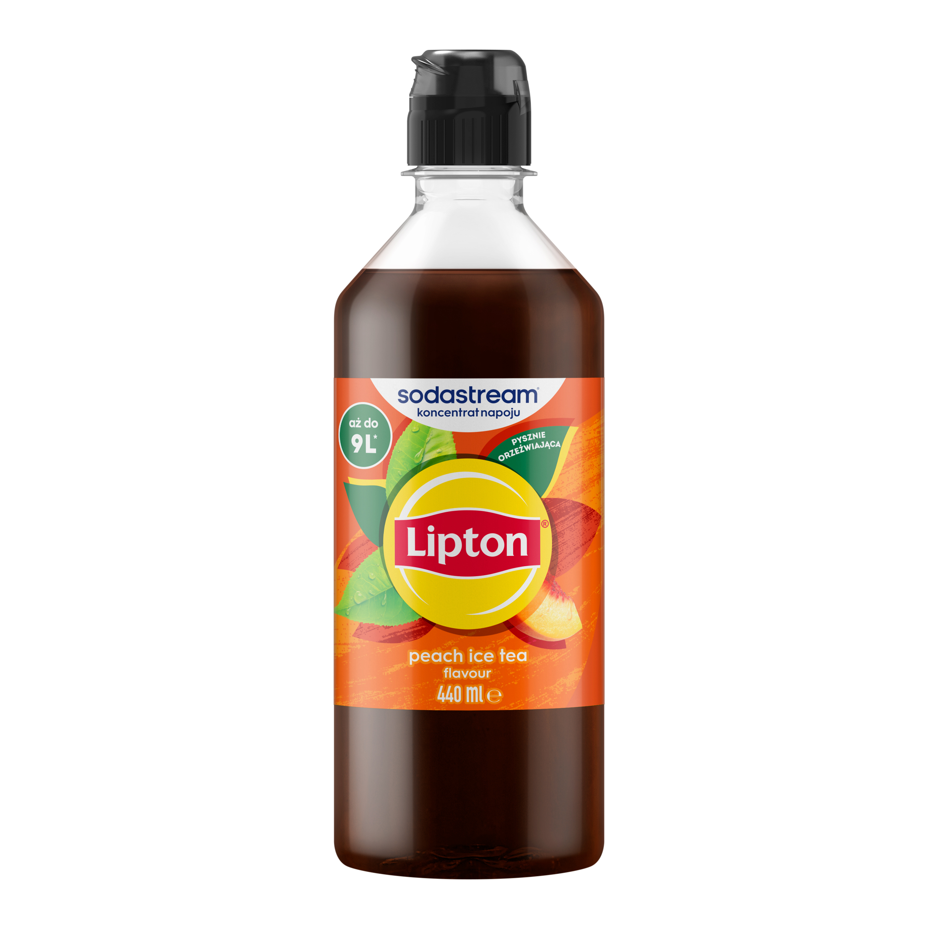Butelka koncentratu herbaty mrożonej o smaku brzoskwiniowym Sodastream Lipton 440 ml z czarną nakrętką.