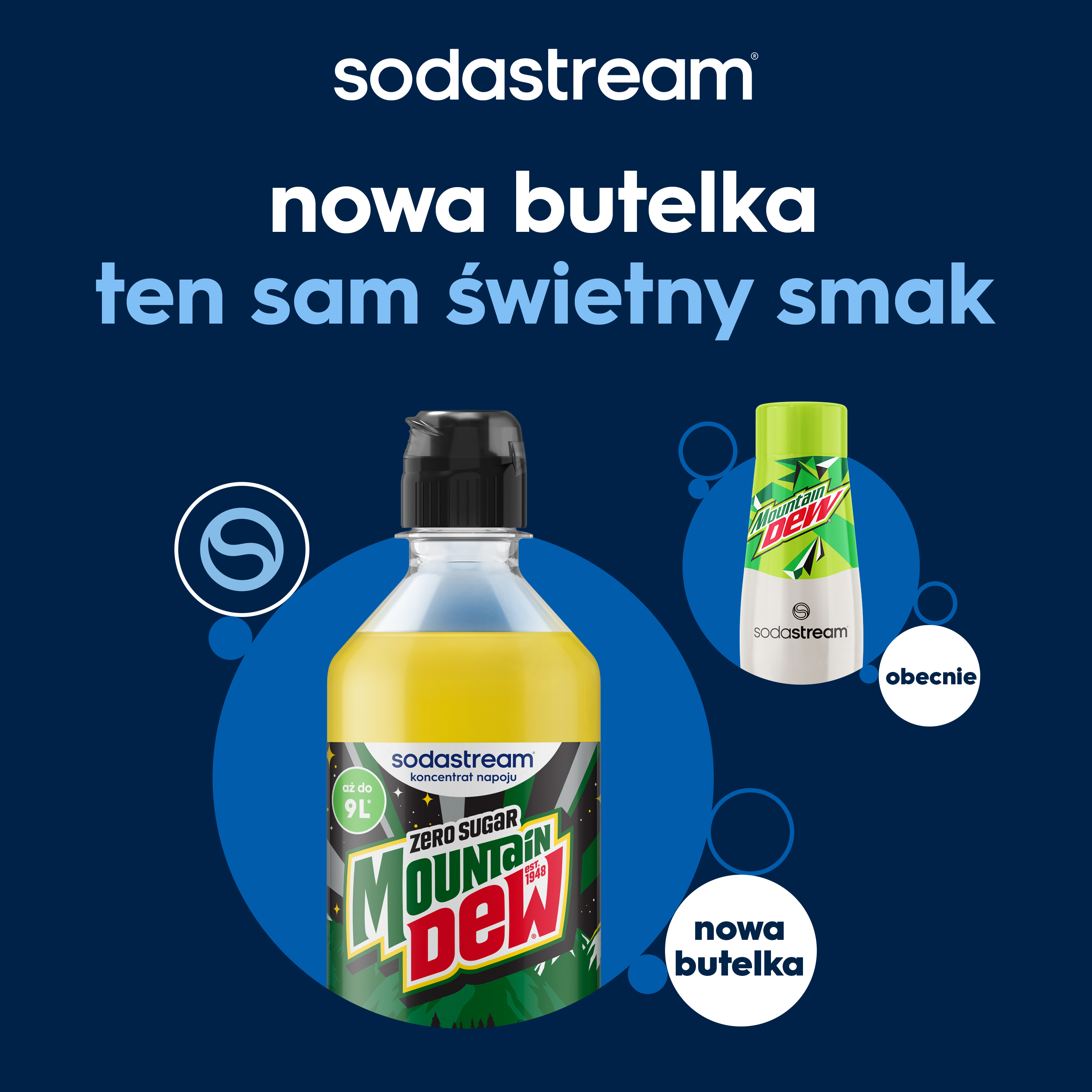 Butelka Sodastream Mountain Dew Zero z polskim tekstem, porównująca nowy i stary design.