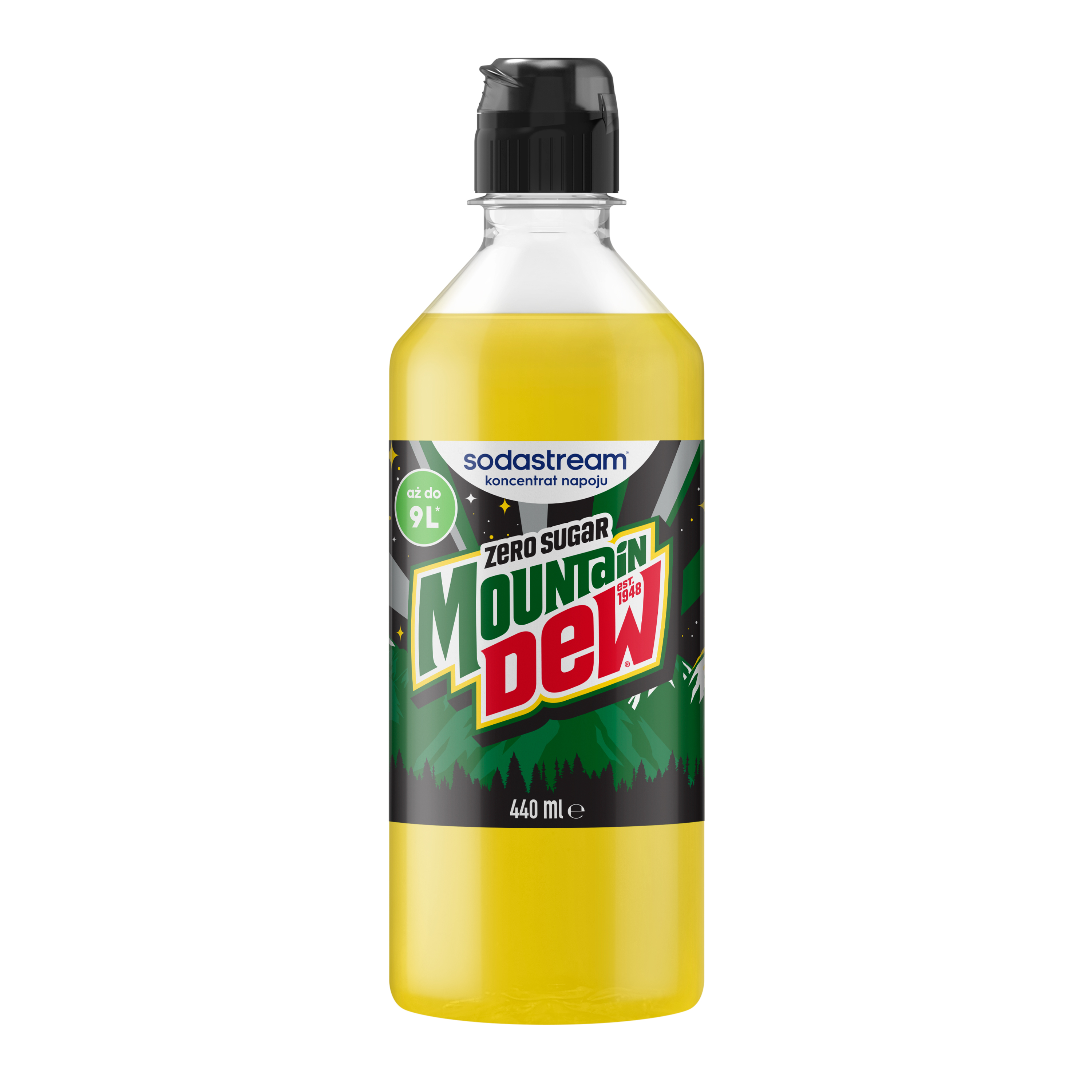 Butelka syropu SodaStream Mountain Dew Zero Sugar z żółtym płynem na białym tle.