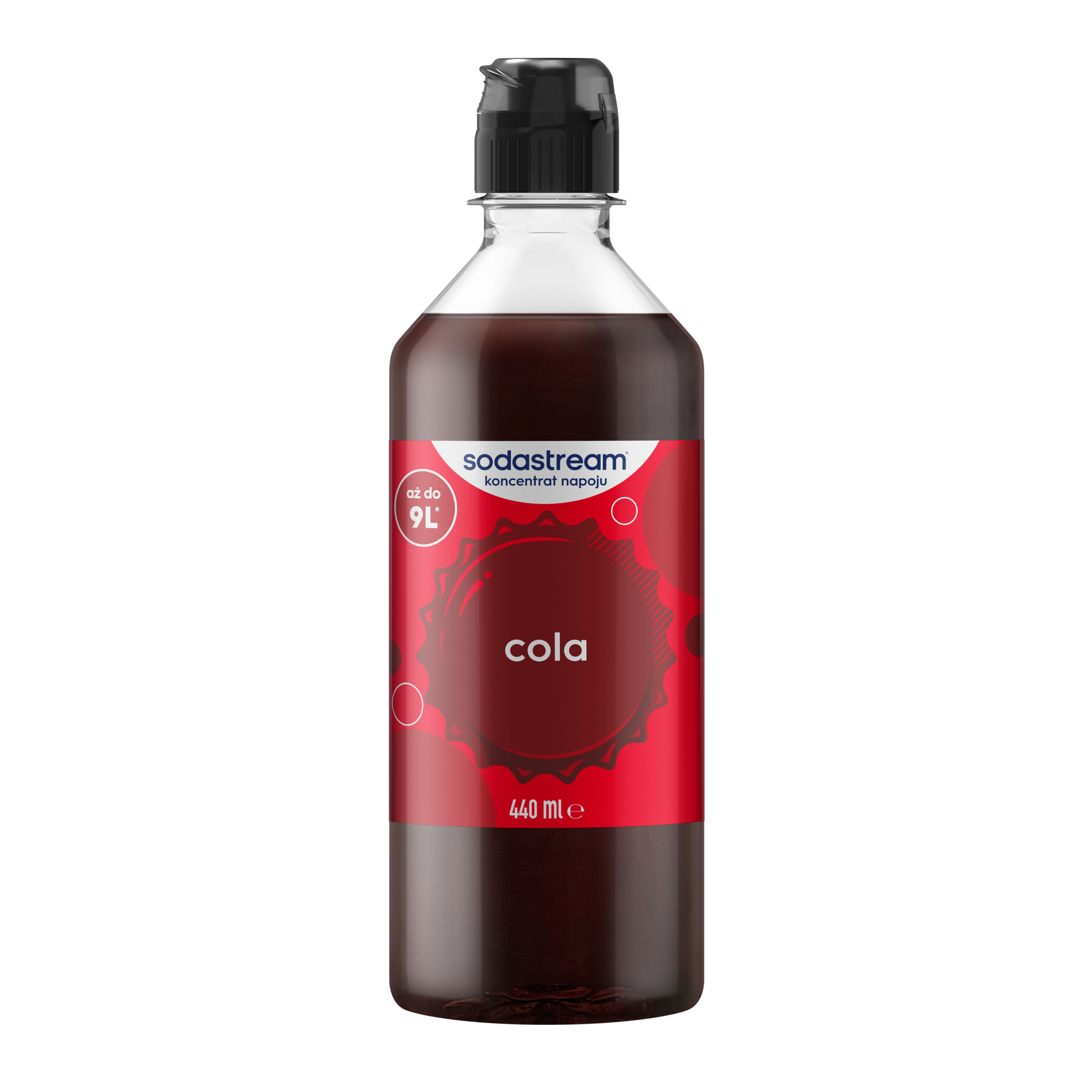 Butelka syropu cola SodaStream z czarną nakrętką na białym tle.