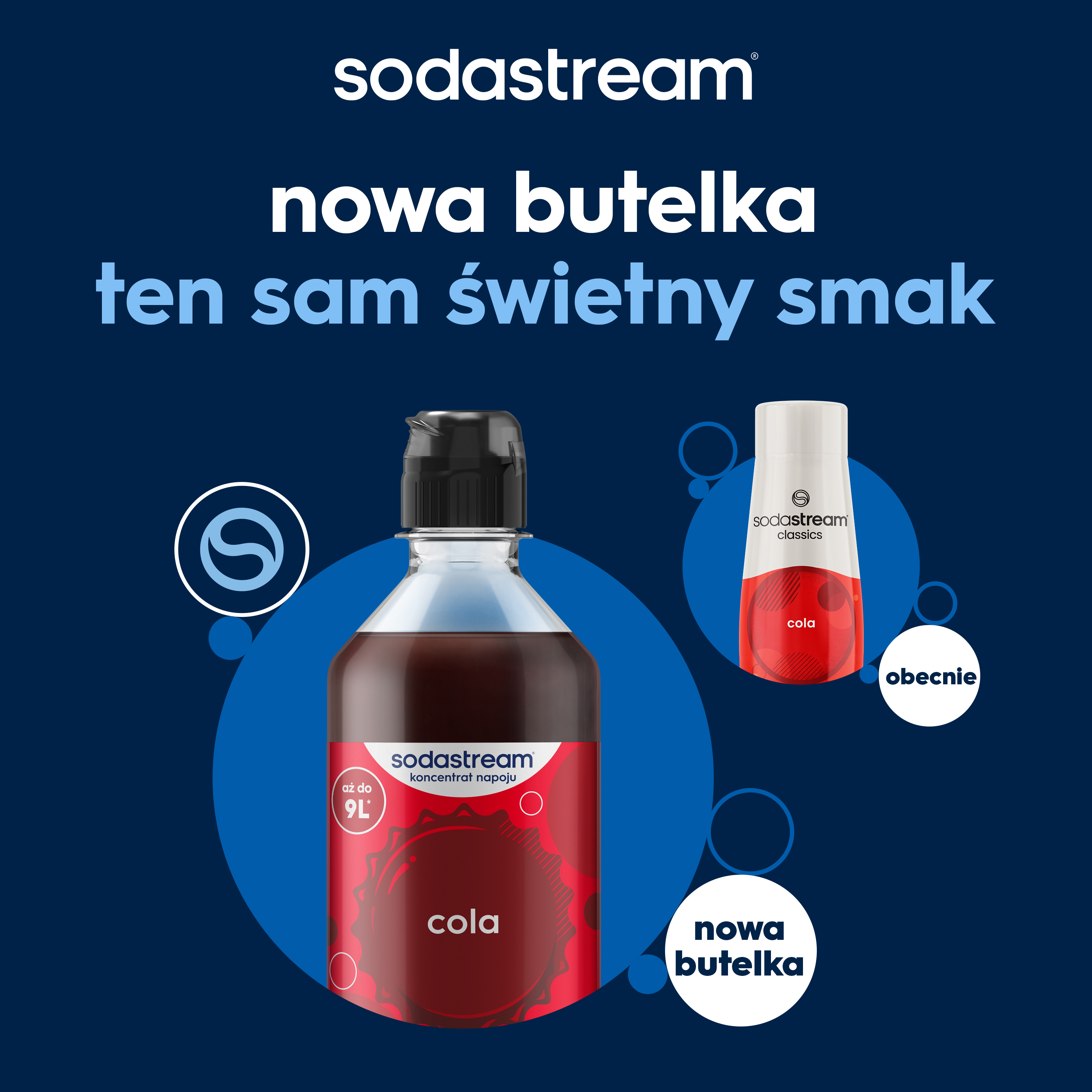 Syrop cola Sodastream w nowej butelce i starym opakowaniu na niebieskim tle z tekstem reklamowym.