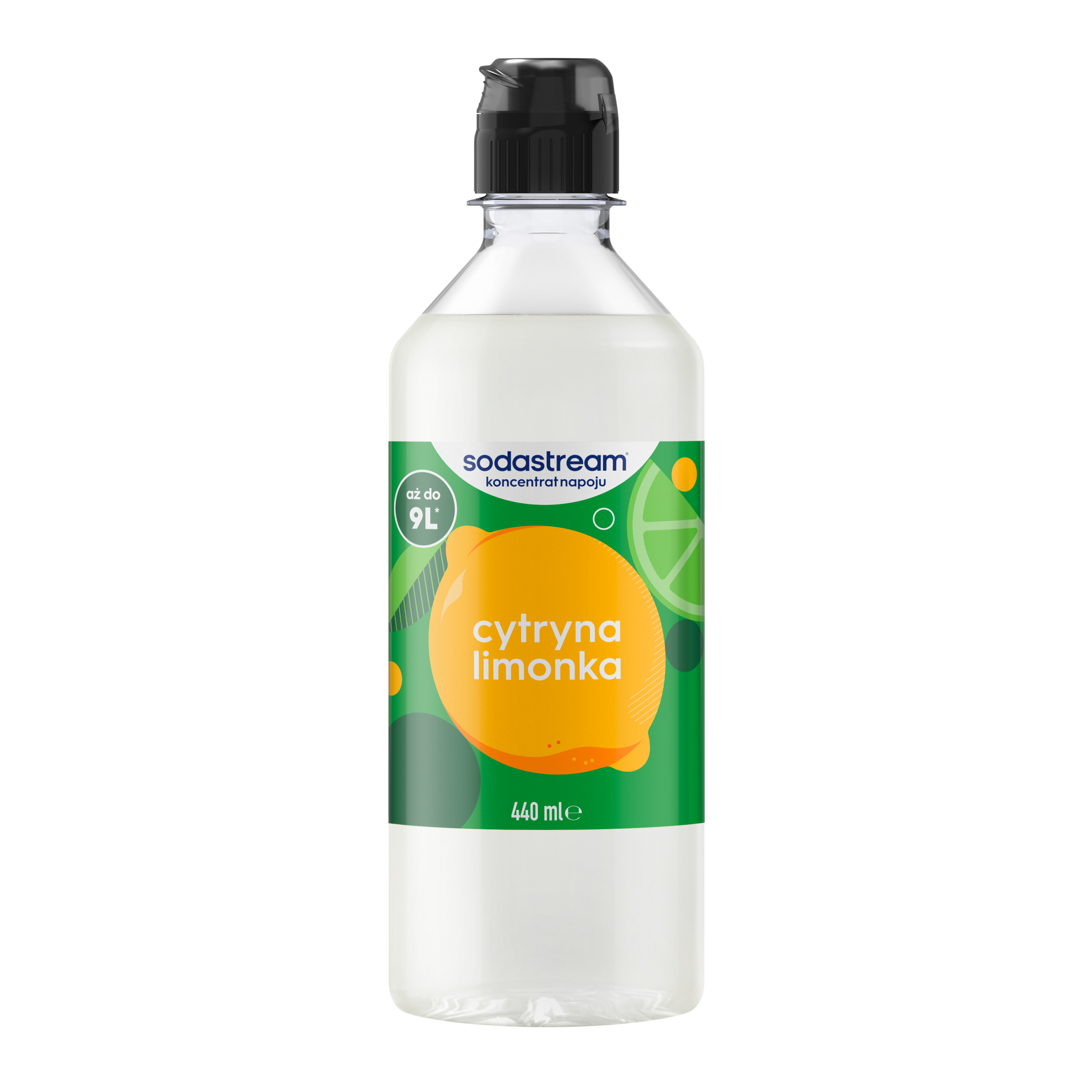Butelka syropu cytryna-limonka SodaStream z zielono-żółtą etykietą na białym tle.