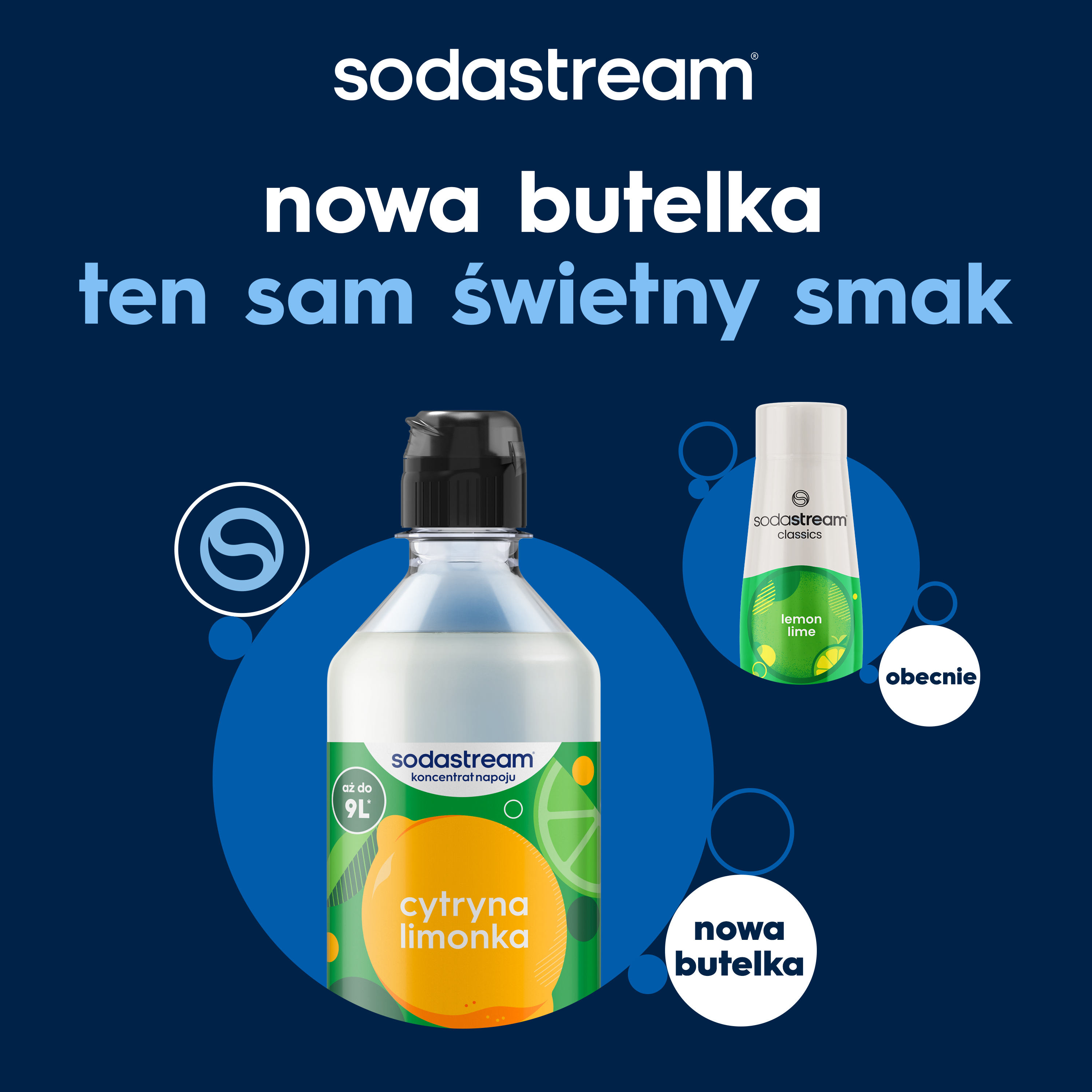 Reklama Sodastream nowego syropu cytryna-limonka w nowej butelce na niebieskim tle.