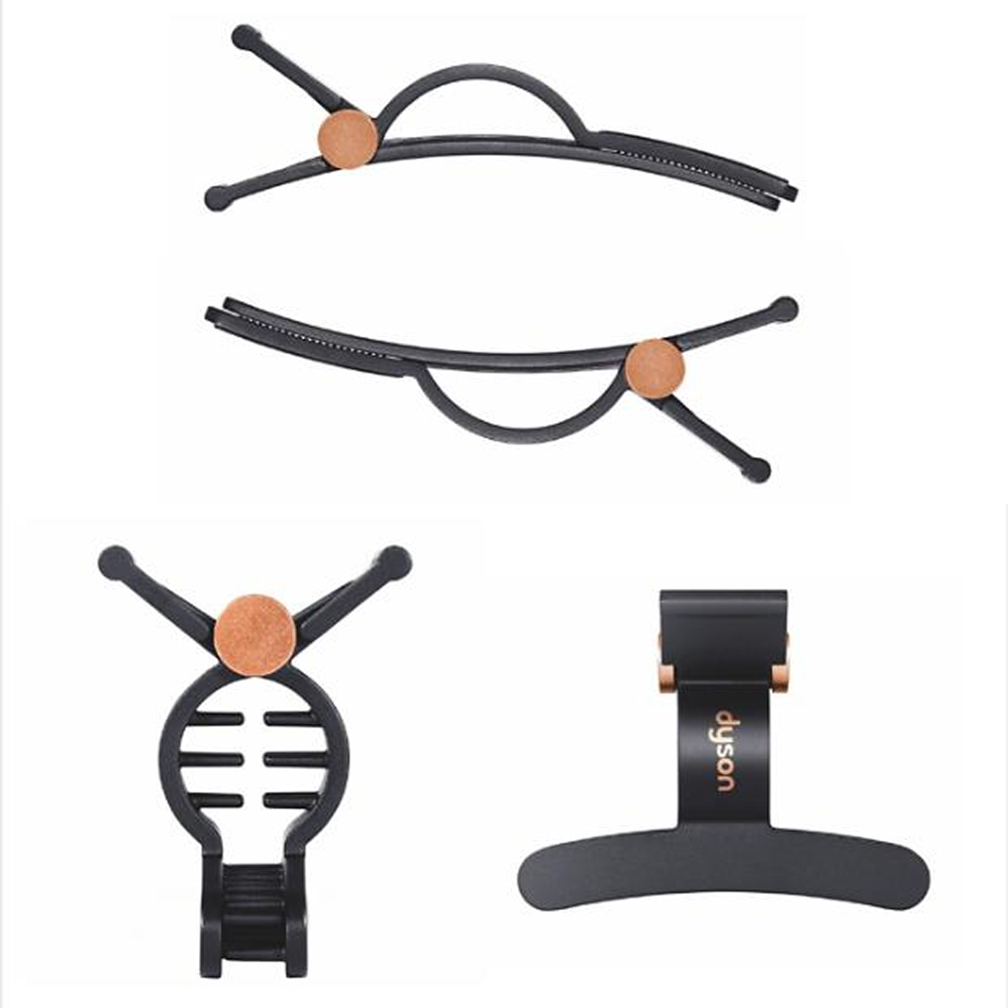 Cuatro pinzas para el cabello negras con detalles en oro rosa sobre fondo blanco.