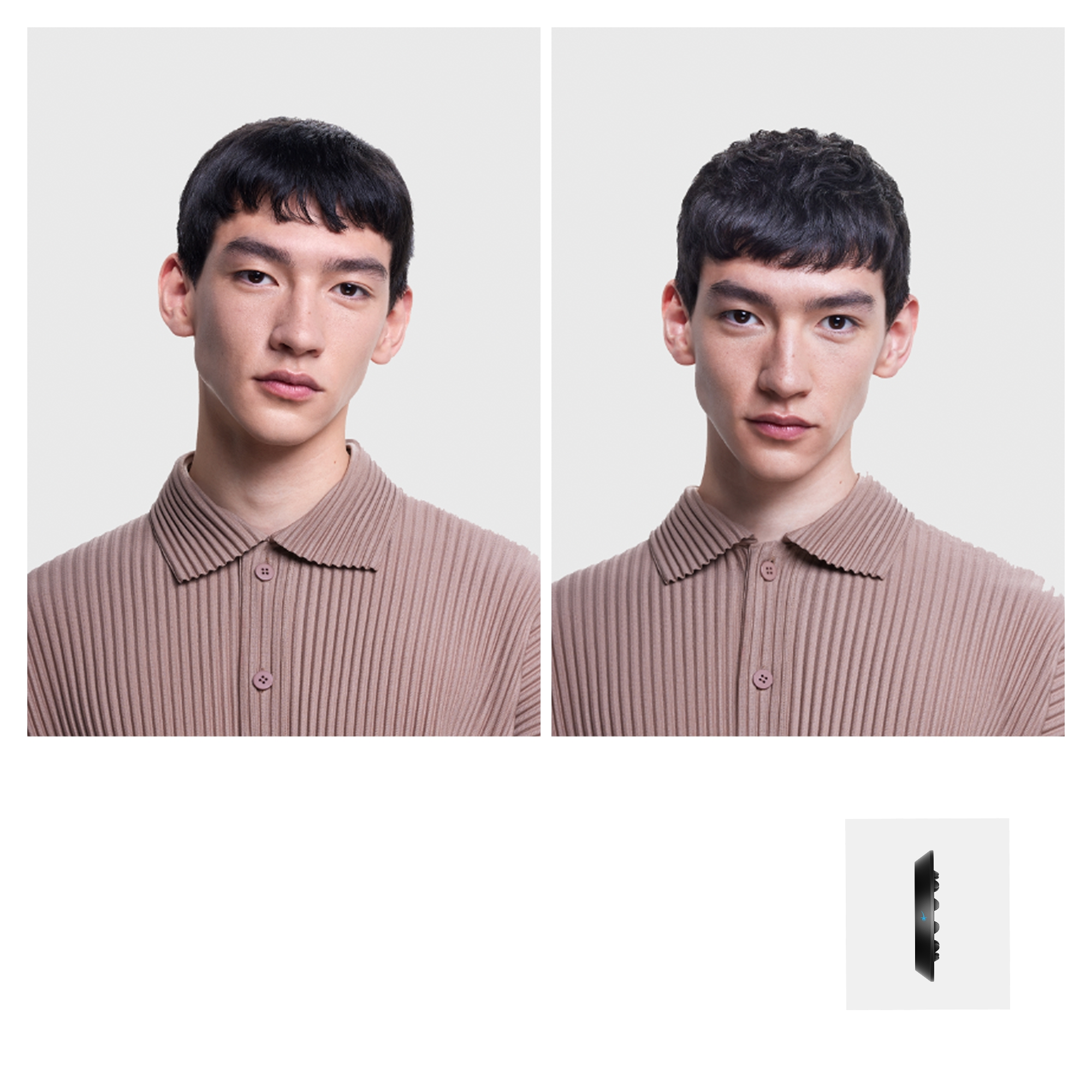 Un joven de cabello oscuro con camisa marrón acanalada, junto a una pequeña vista lateral de un dispositivo.