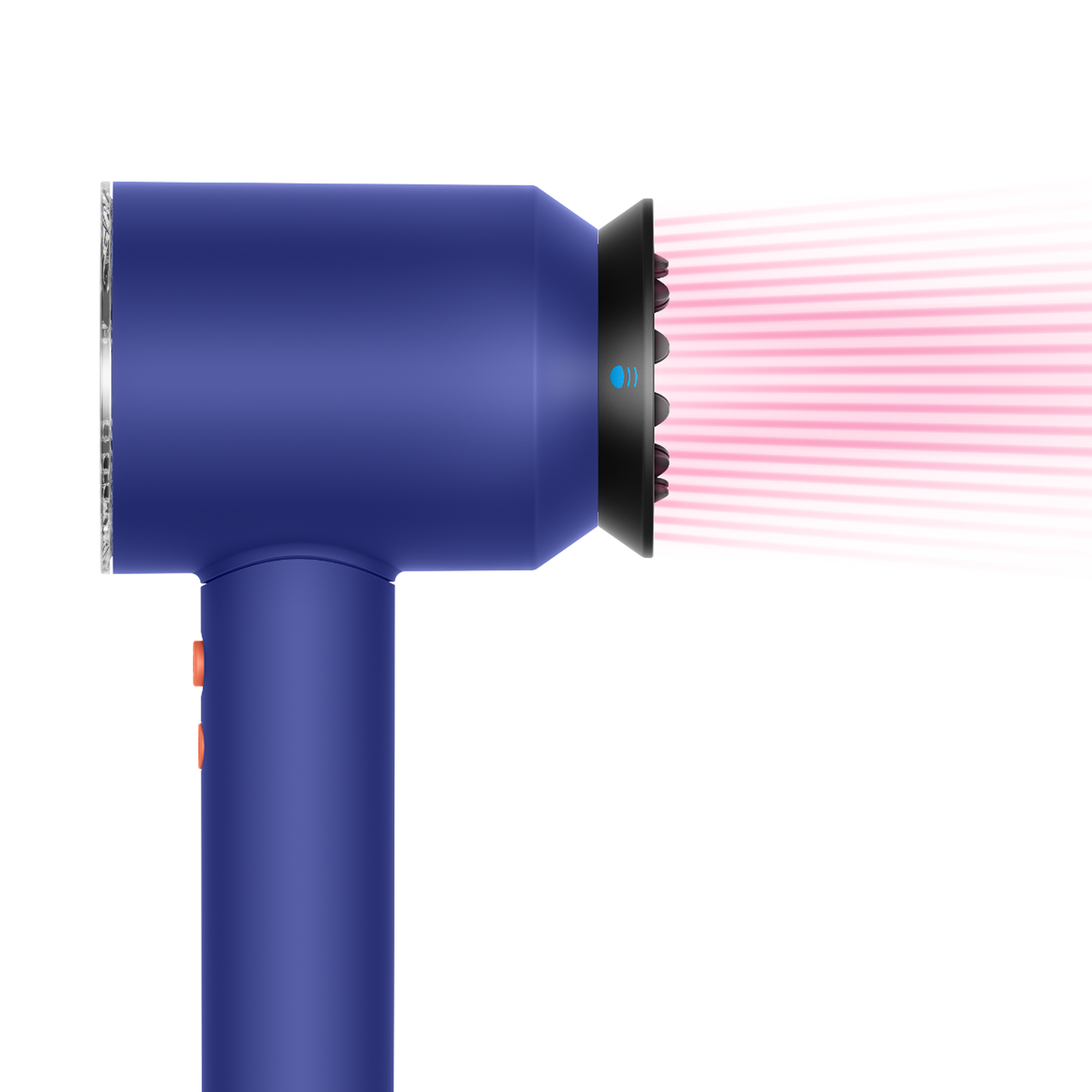 Un secador de pelo azul emite rayos de luz rosa.