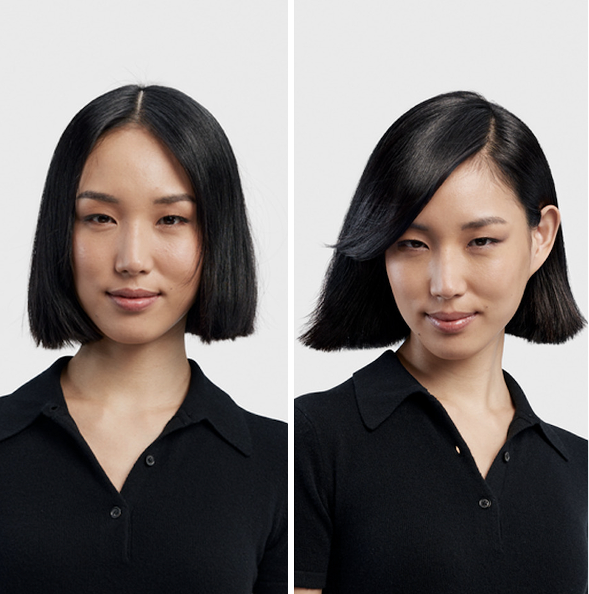 Retratos de una mujer asiática con bob negro y polo negro sobre fondo blanco.