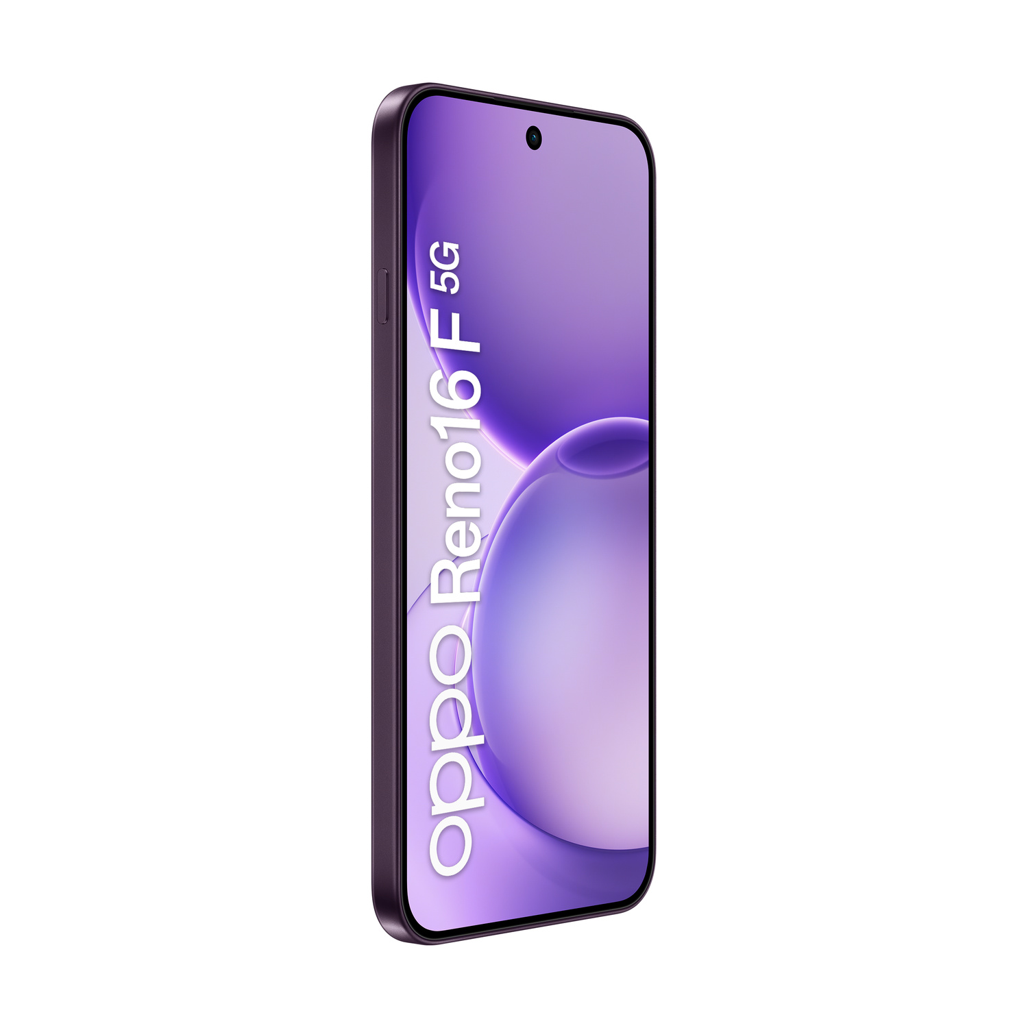 Smartphone viola Oppo Reno16 F 5G in vista angolata con sfondo astratto colorato.