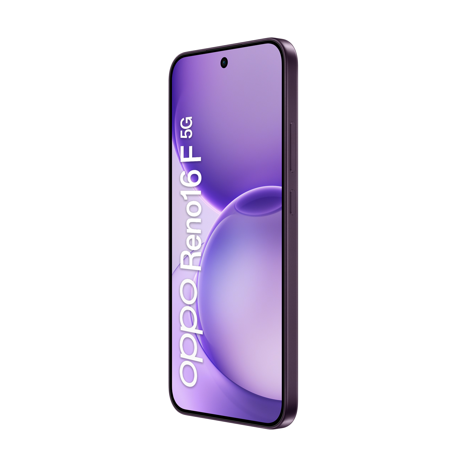 Smartphone viola Oppo Reno16 F 5G in vista angolata con sfondo astratto viola.