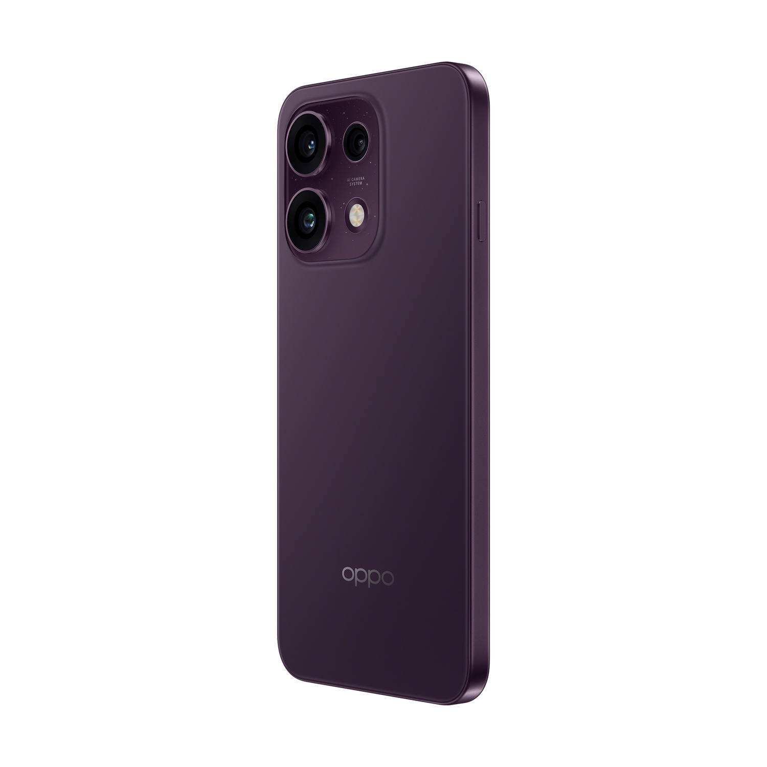 Vista posteriore di uno smartphone Oppo viola scuro con doppia fotocamera e logo.