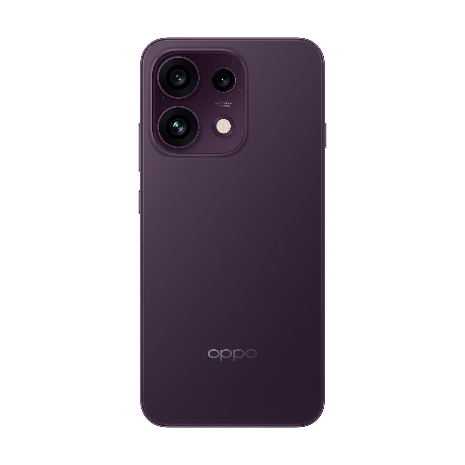 Retro di uno smartphone Oppo viola scuro con due fotocamere principali e logo del marchio.
