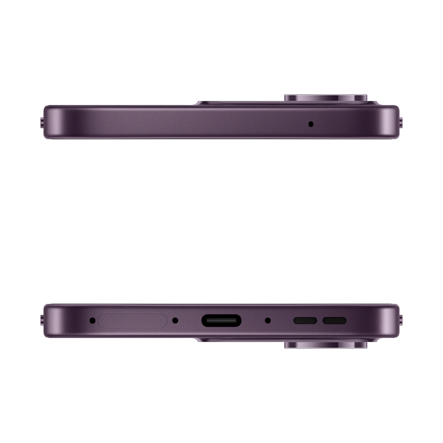 Lati superiore e inferiore di uno smartphone viola con porte, altoparlanti e fori per microfono su sfondo bianco.