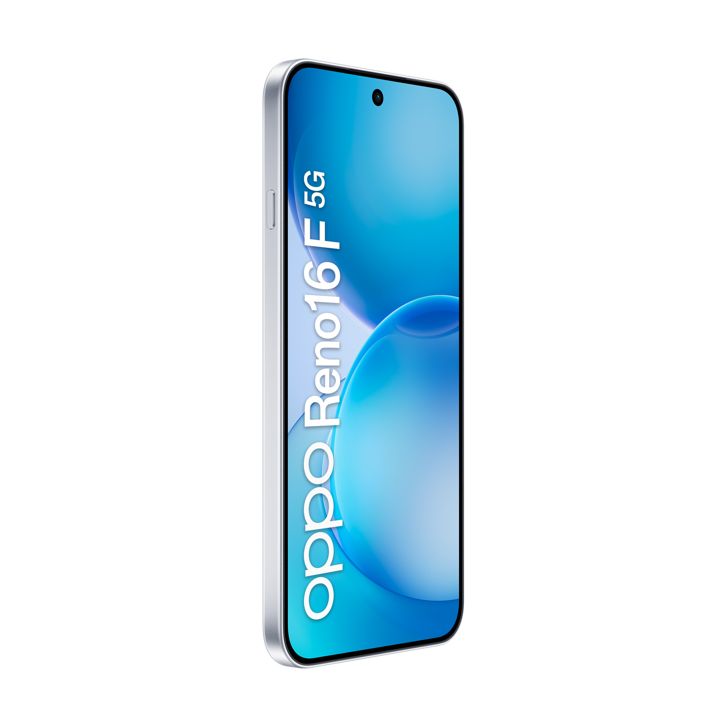 Lo smartphone Oppo Reno16 F 5G in argento con sfondo blu.
